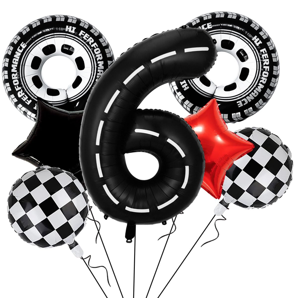 Race Car Balloons Birthday Party Decorations, Mylar Wheels Tire Balloons, Large 40 Inch Black Number 6 Balloons for 6th Boy Birthday Racing Theme