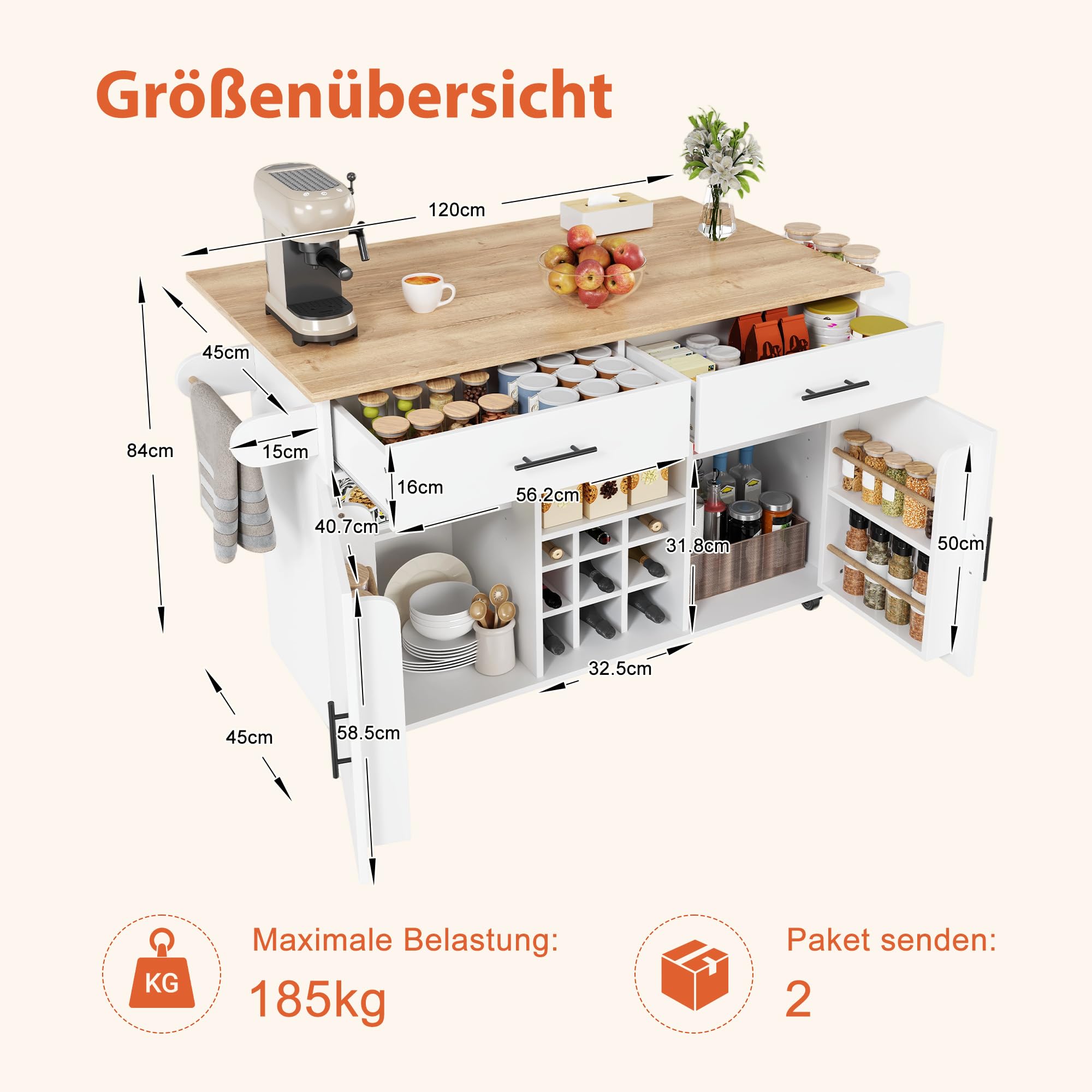 Isola da cucina con piano di lavoro pieghevole, bianco, carrello da cucina arrotolabile con vano portaoggetti, 2 cassetti, scaffale per vino, portaspezie, portasciugamani, design salvaspazio