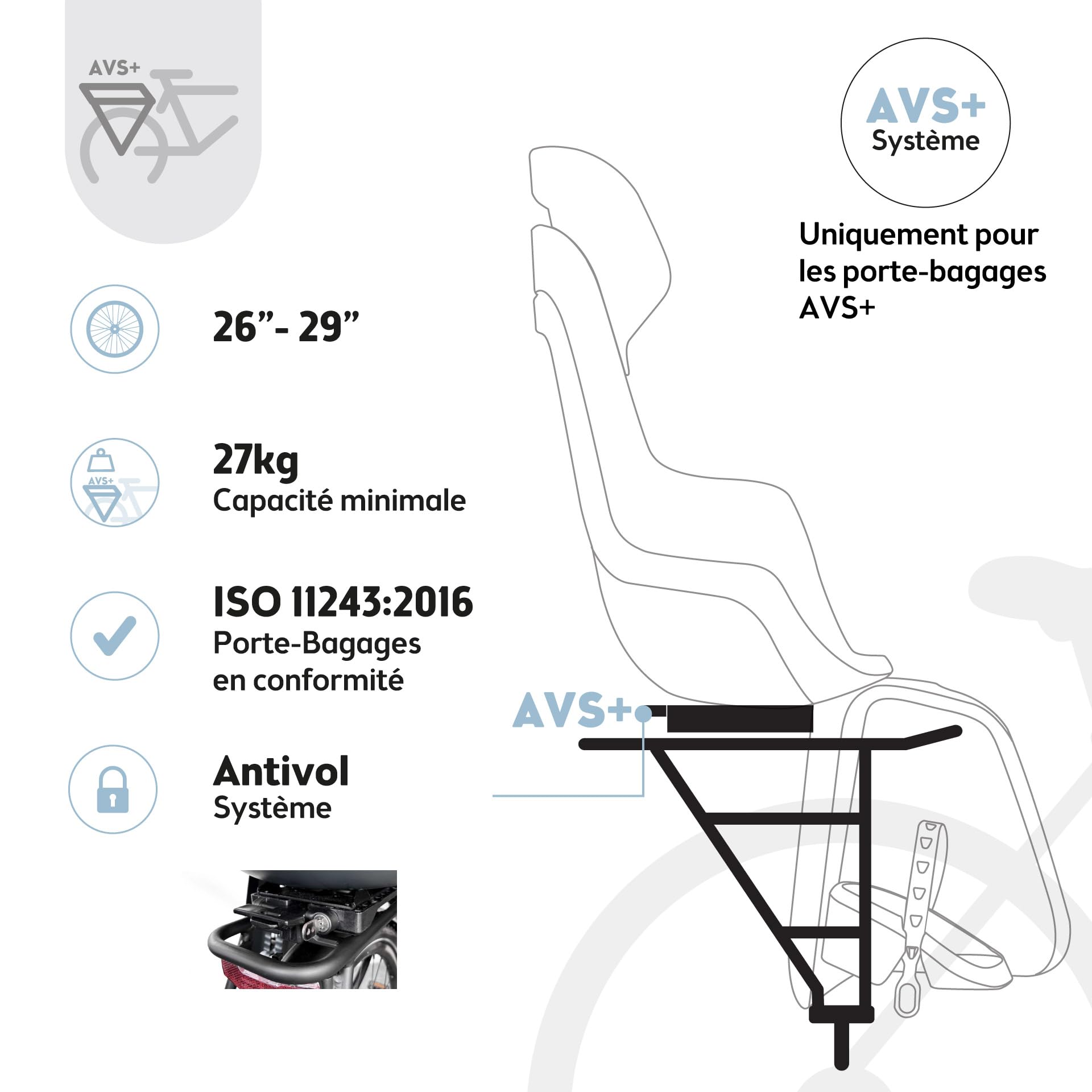 BOBIKE 8011500001 - Siège arrière GO MAXI AVS+, monté sur un porte-bagages AVS+ pour vélos, adapté aux enfants avec un poids maximal de 22 kg, couleur Urban Noir