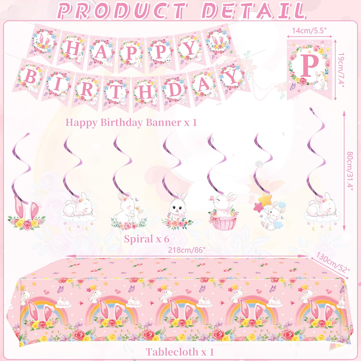 Bunny Decorazioni per feste di compleanno – Accessori per feste con coniglio tra cui striscioni, piatti, decorazioni per torte, bicchieri, tovaglioli, palloncini, tovaglie, per 20 persone (LQ