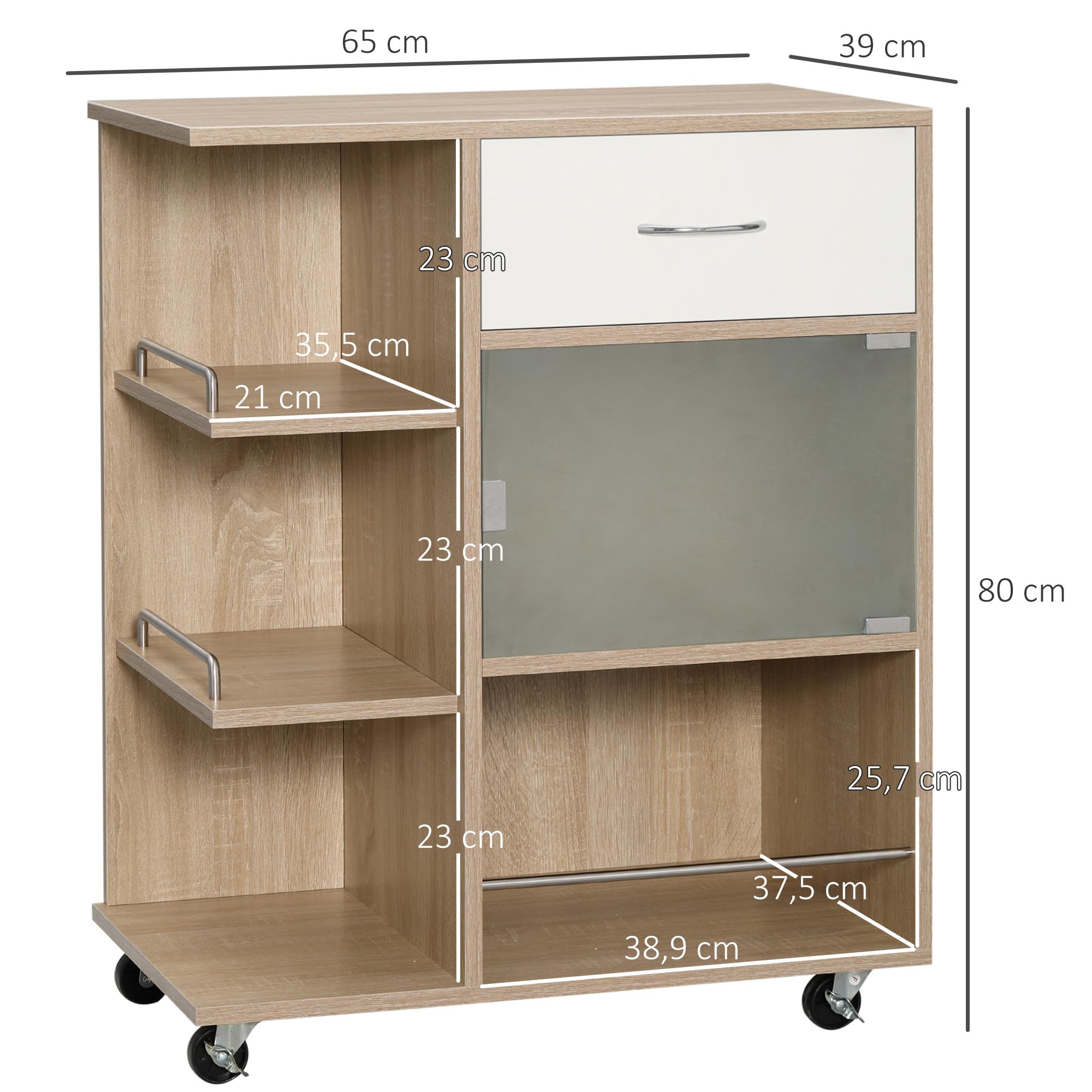 HOMCOM Deser kuchenny, wózek do serwowania, kółka obrotowe 360°, półki z barierkami, wyspa centralna kuchnia, z szufladą, półkami, szafa, 65 x 39 x 80 cm, naturalny