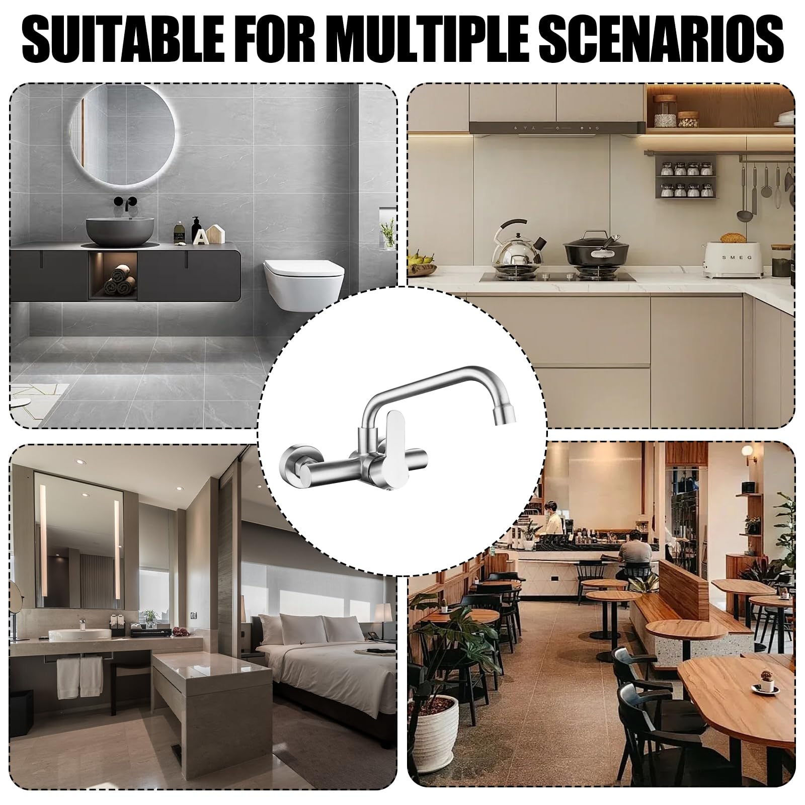 Grifo de cocina de montaje en pared, grifería de cocina, caño de pared giratorio 360°, grifo mezclador de acero inoxidable para fregadero, baño, mate