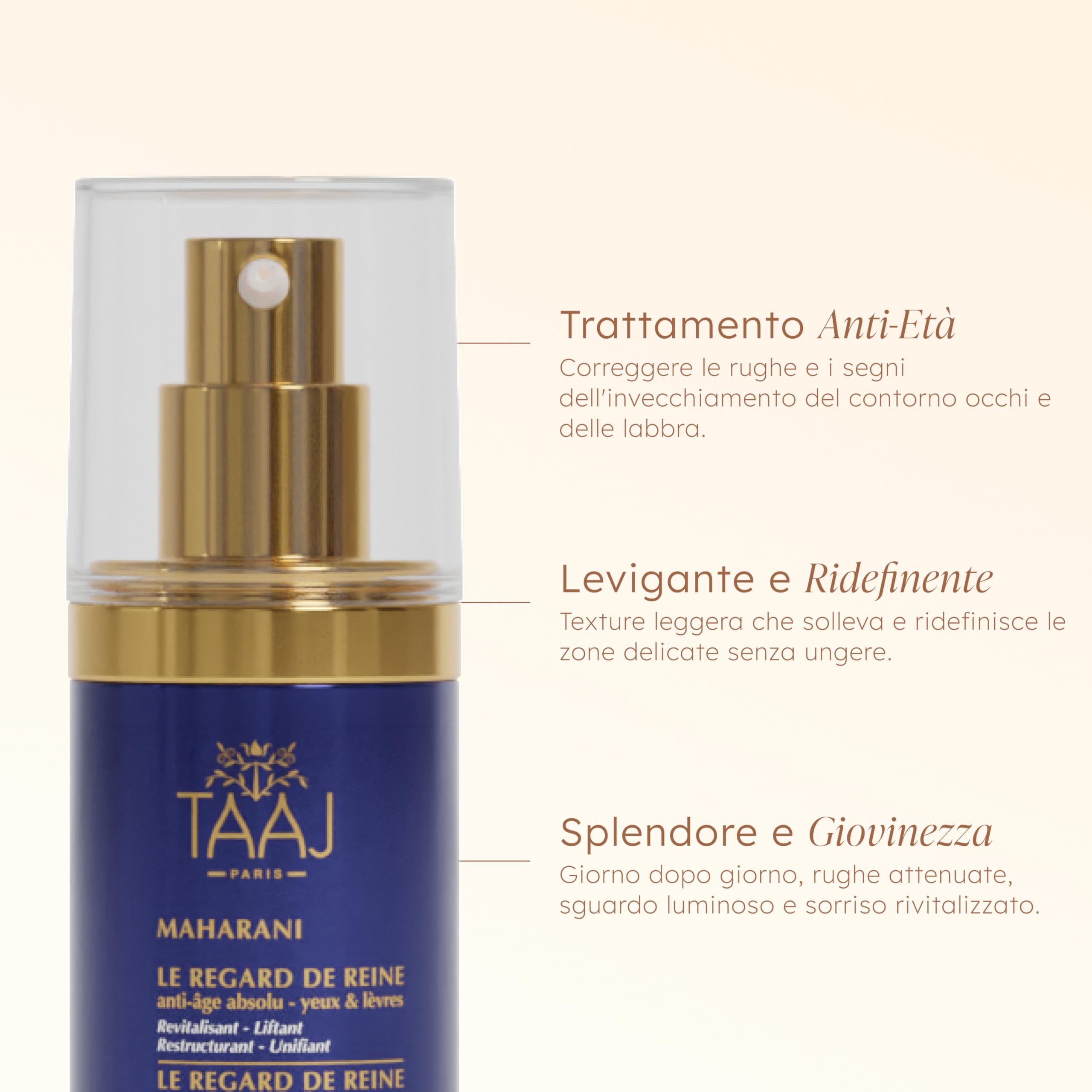 TAAJ | Gli Occhi della Regina - MAHARANI | Attivi Anti-Age | Lifta e Ridefinisce il contorno occhi e labbra | Compattezza ed Elasticità della pelle| Acido Ialuronico e Collagene | 15 ml