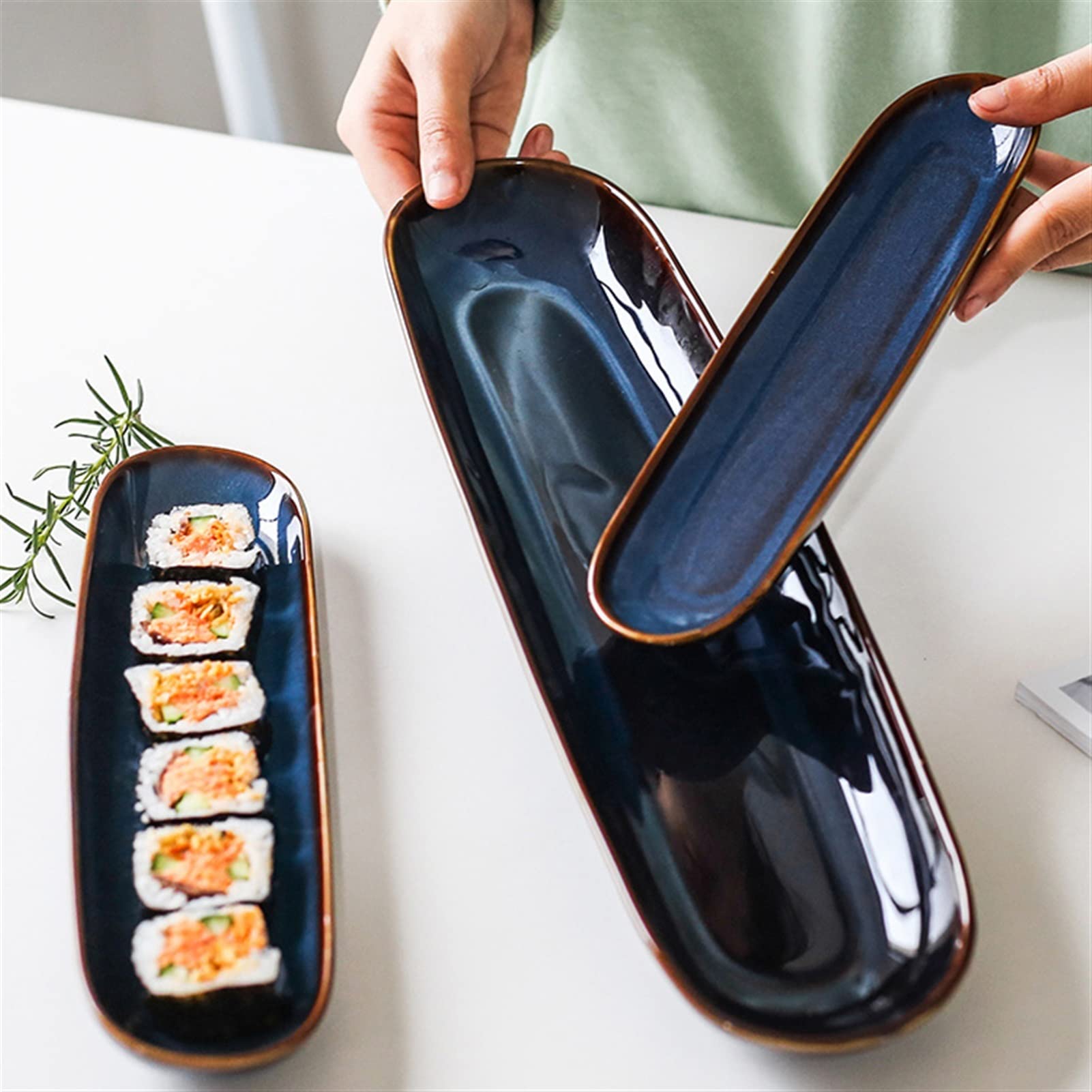Platos Llanos Platos rectangulares de cerámica for sushi, plato de cocina de porcelana ovalada japonesa, plato largo grande de 15,7 pulgadas, apto for microondas/lavavajillas Platos postre(A)