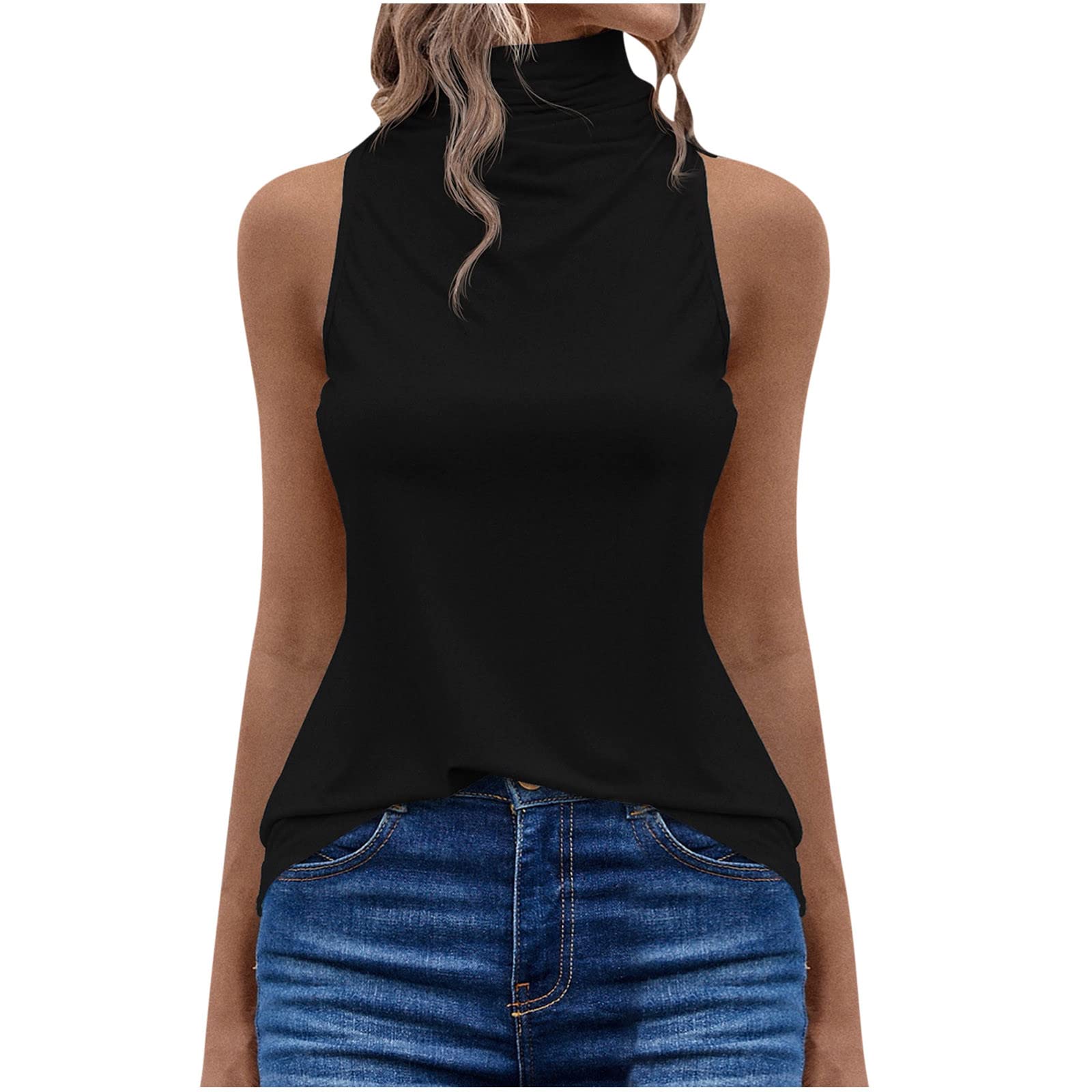 Womens Mock Turtleneck Tank Tops Spring Summer Outfits Slim Fitted Sleeveless Shirts Stretchy Casual Basic Layer Tee