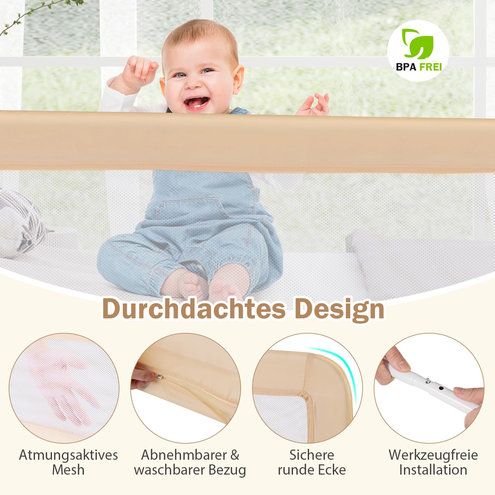 COSTWAY Bettgitter klappbar, 180 cm Lange Bettschutzgitter mit Sicherheitsgurten, Rausfallschutz 180° Faltbar Boxspringbett für Baby & Kleinkinder (Beige)