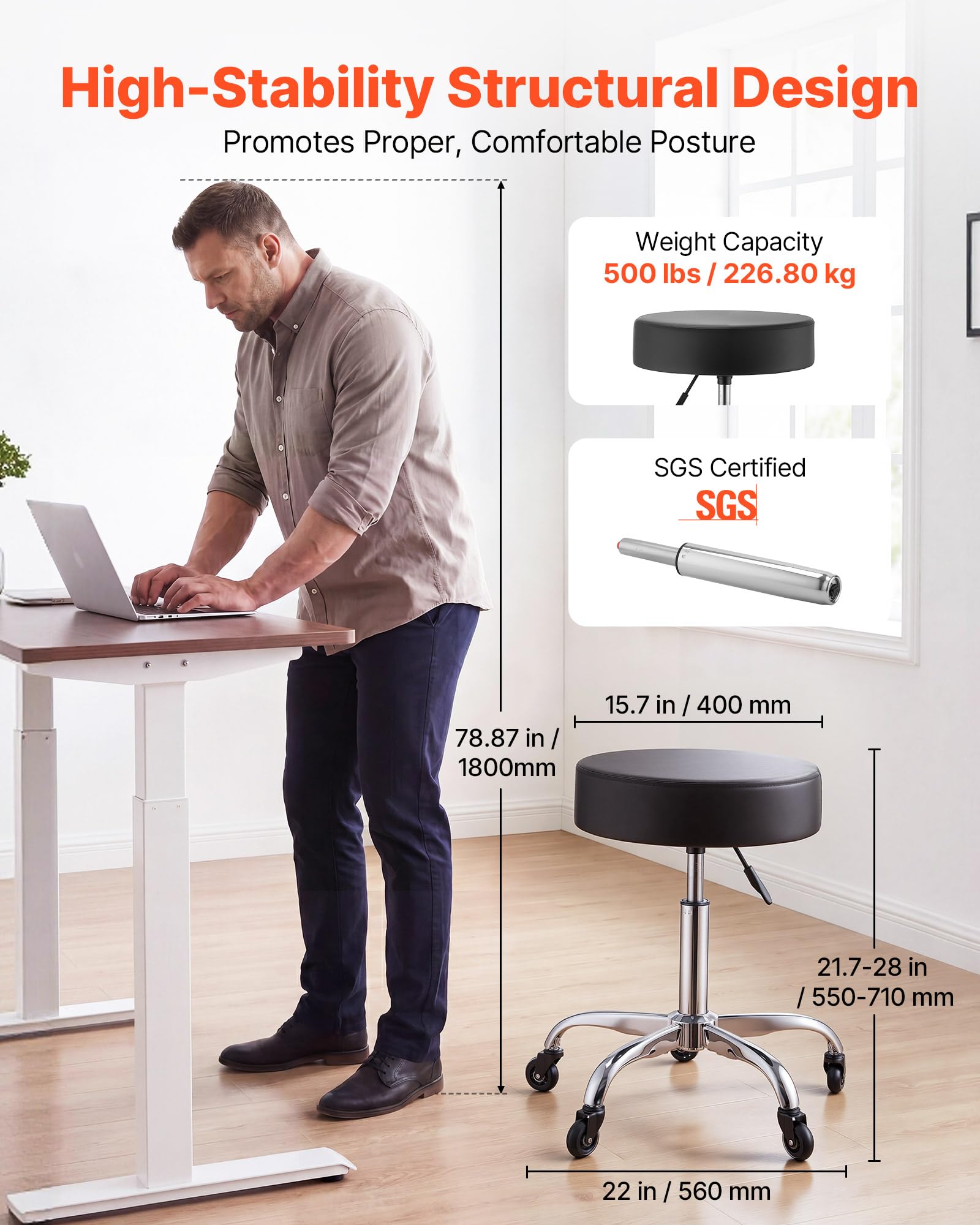 VEVOR Taburete Giratorio de Trabajo, Taburete con Ruedas, Capacidad de Carga de 226,8 kg, Altura Ajustable de 55-71 cm, Giro 360°, Asiento Ergonómico Acolchado, para Oficina Estudio Clínica Hogar