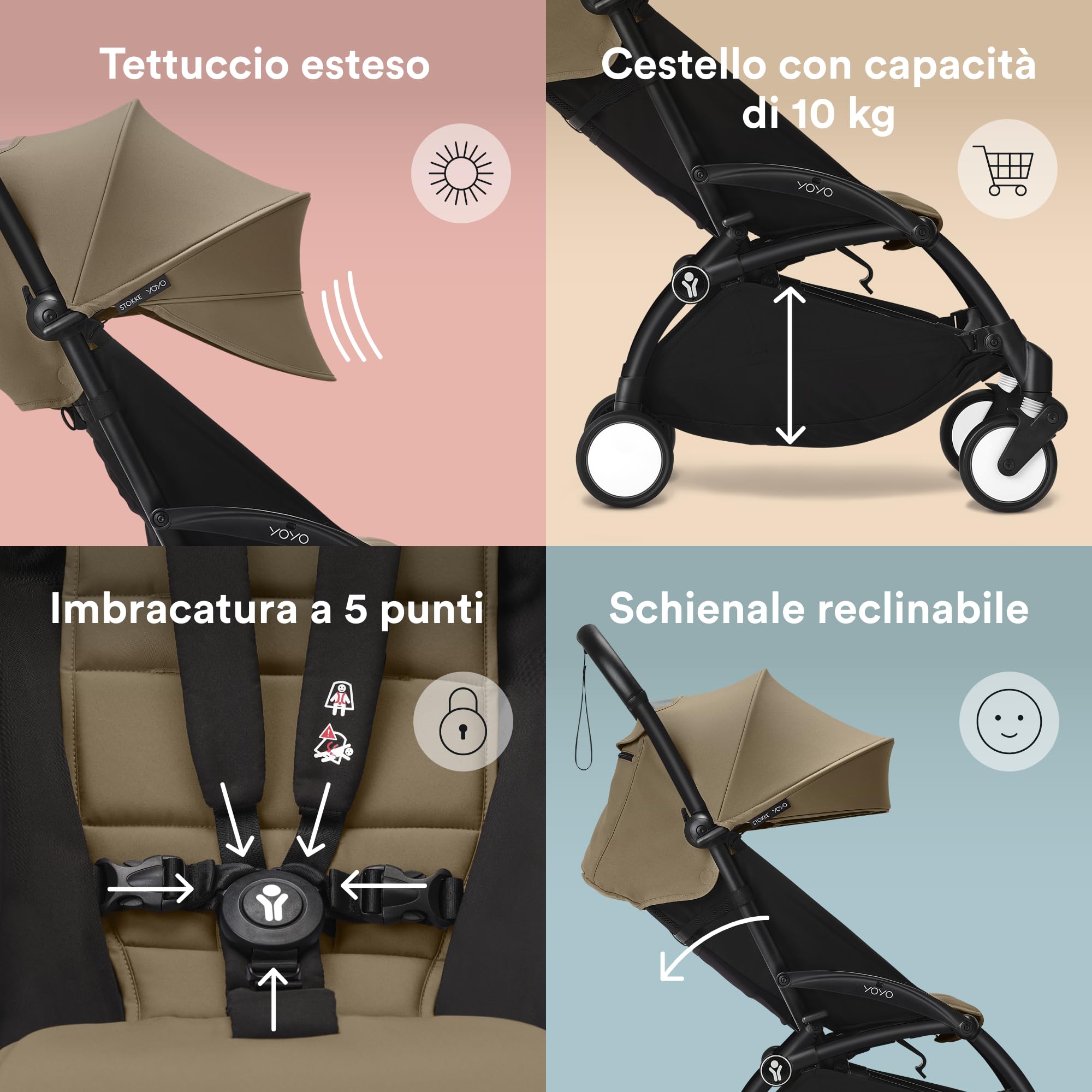 Passeggino Stokke YOYO3 da 6 mesi - Include telaio nero/cuscino seduta Toffee + Capottina - Si ripiega e si apre in un lampo - Leggero e compatto - Compatibile con il bagaglio a mano