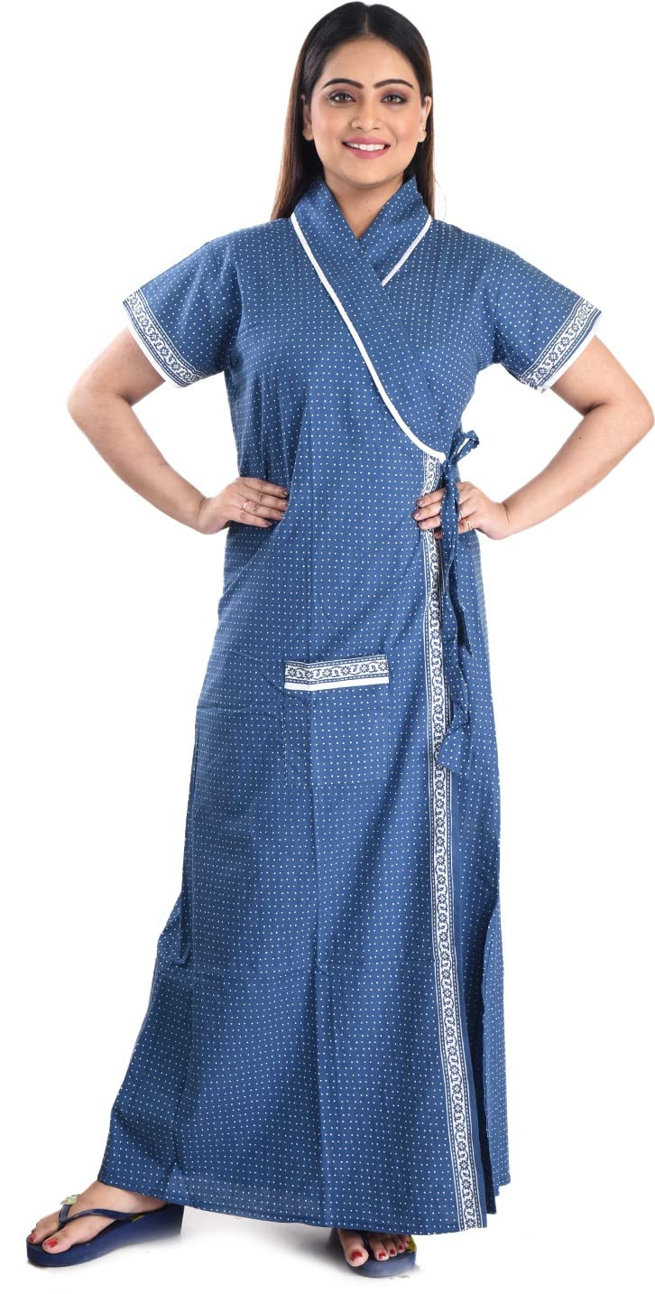 bellamy Women's Pure Cotton Printed House Coat,Front Open Adjustable Nighty/Night Wear B030