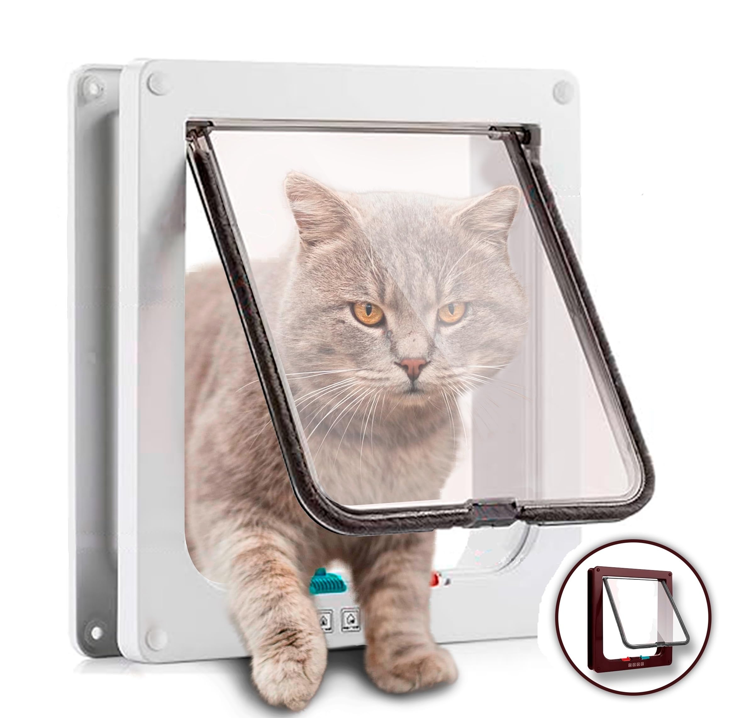 PEVLA Puerta para Gato y Perro con Cierre Magnético de 4 Vías – Gatera – Puerta Gatera – Puerta para Gatos y Perros – Gatera para Gatos - Puerta para Mascotas Pequeñas y Grandes (20*19*5.5-Blanco)