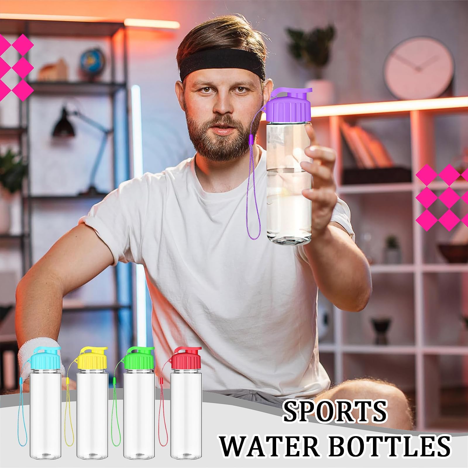 LYCN Set di 40 bottiglie in plastica e sacca da palestra – 500 ml bottiglie sportive con coperchio pieghevole e sacchetto con coulisse, set riutilizzabile per sport, fitness, campeggio, viaggi, feste