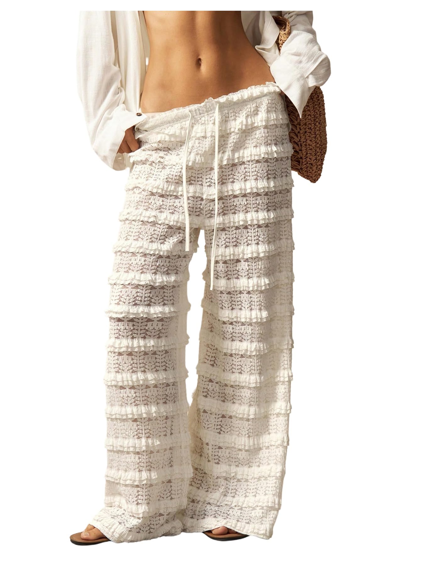Womens Crochet Lace Pants Ruffle Layered Elastic Waist Mesh Bathing Suit Cover Up Beach Pants