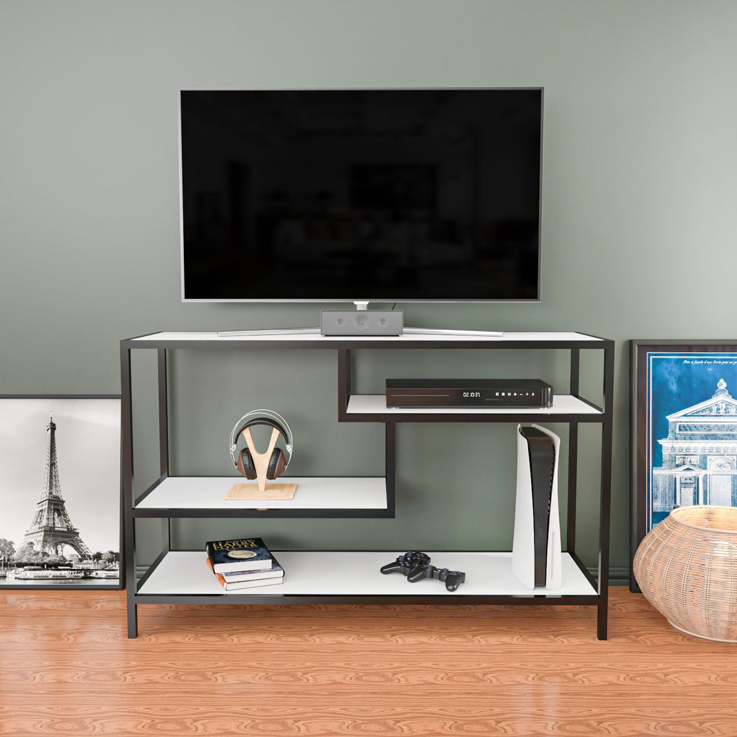 Hanah Home Stylish TV Stand, Black & White, 120 x 39 x 75 cm, 100% Melamine Coated Particle Board, 18 mm Thick, Sturdy Metal Frame, Modern Design for Living Room
