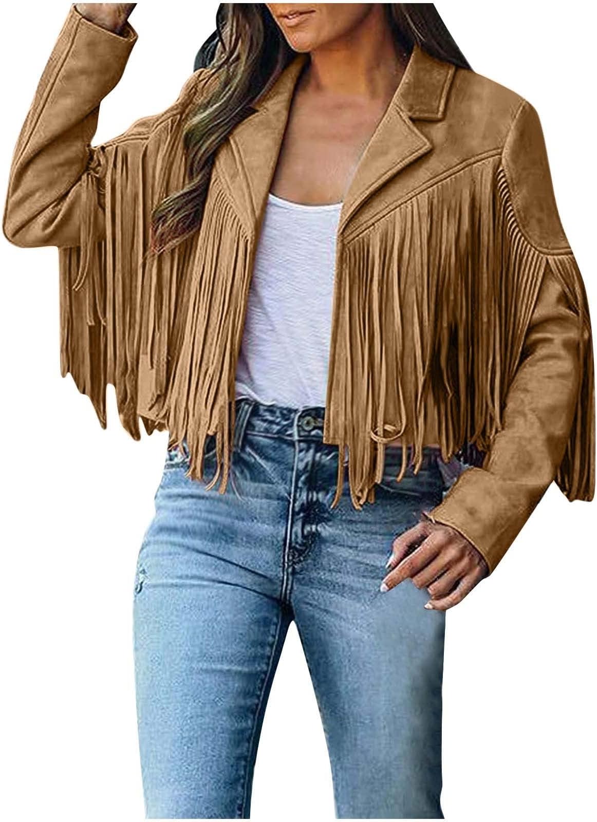 AMhomelyWomens Western Coats with Tassels Faux Suede Leather Cowboy Style Fringe Coat Ladies Casual Long Sleeve Cardigan Coat, Multicoloured, XXL