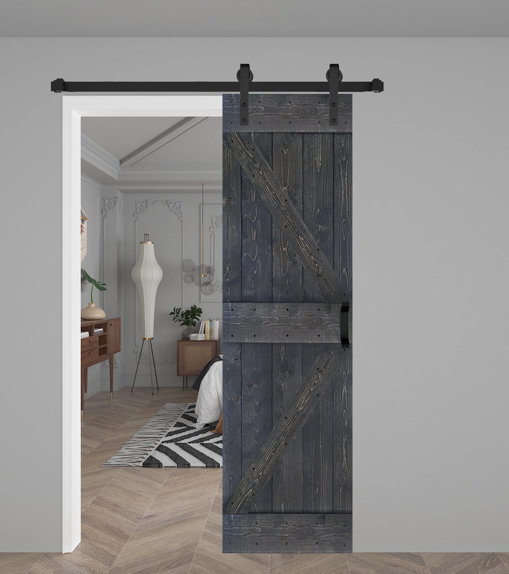 K Series 28in x 84in Carbon Gray Finished Solid Wood Barn Door with Hardware Track - Assembly Needed