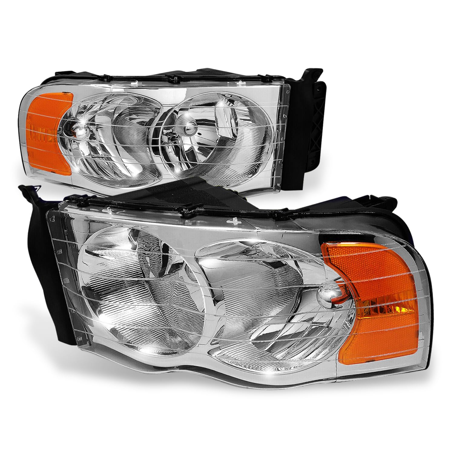 Headlight Assembly [Halogen Model] Compatible with Dodge Ram 1500 2500 3500 Pickup Truck 2002 2003 2004 2005, Driver and Passenger Side, Chrome Housing Clear Lens Amber Reflector Lamps