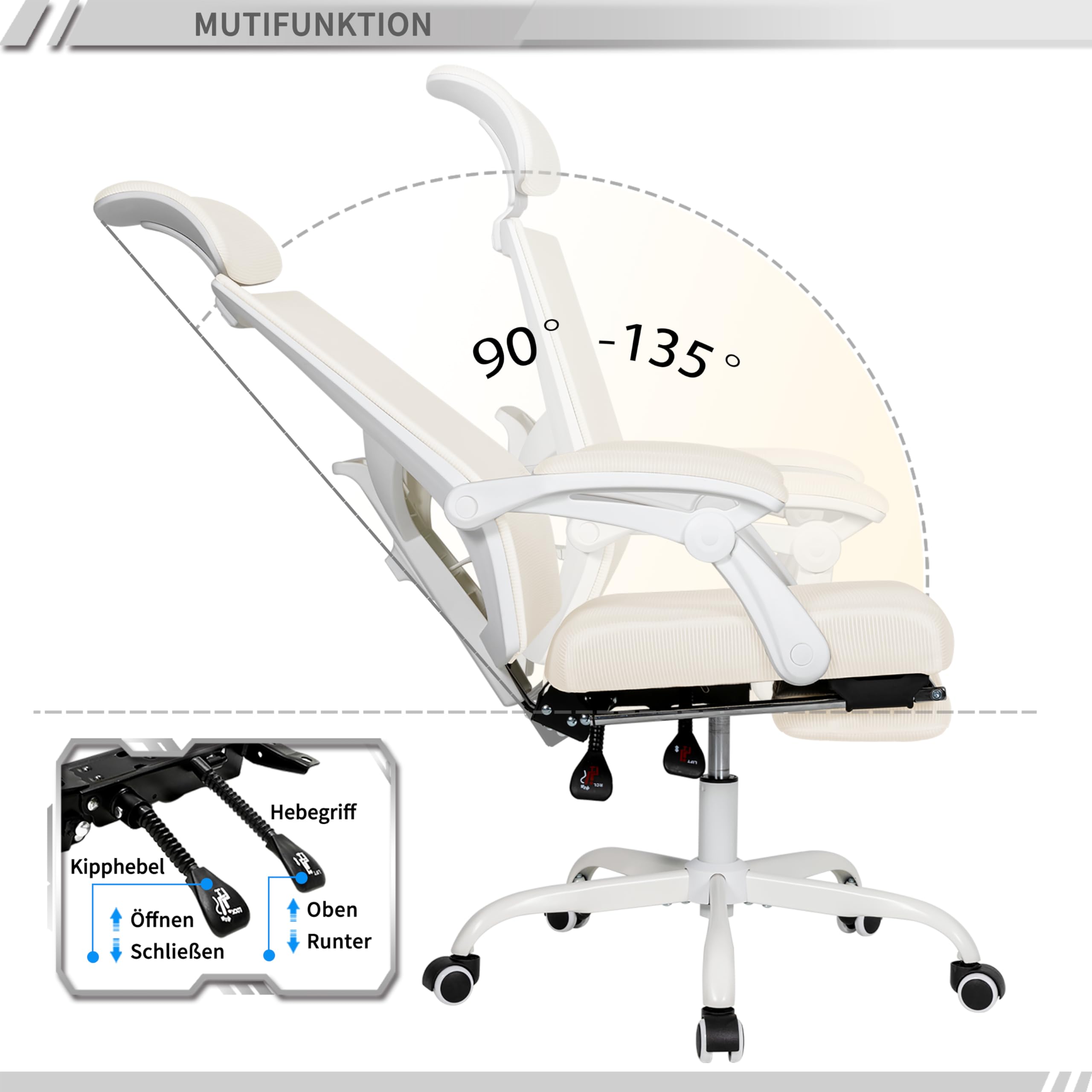 UEV Ergonomisch Bürostuhl aus Mesh, Schreibtischstuhl mit Fußstütze, Drehstuhl mit Verstellbarer Kopfstütze Lendenwirbelstütze, höhenverstellbar neigbar bis 135°, atmungsaktiver Stoff, Beige