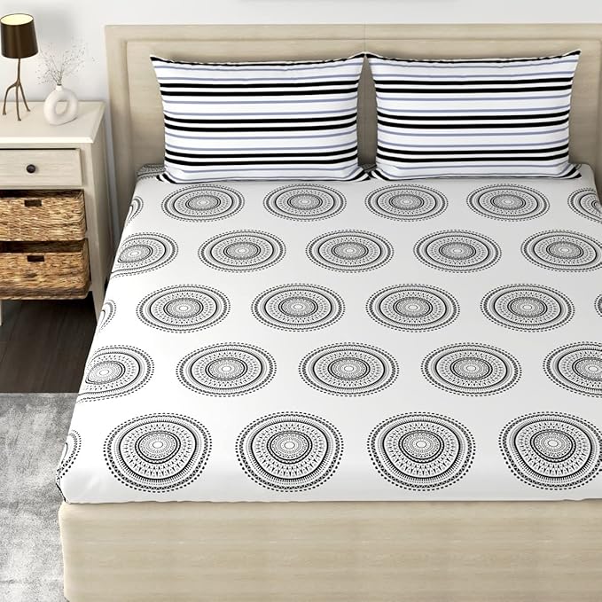 HUESLAND by Ahmedabad Cotton 186 TC Cotton Fitted Bedsheets King Size with 2 Pillow Covers | 6ft x 6.5ft | White, Black & Grey
