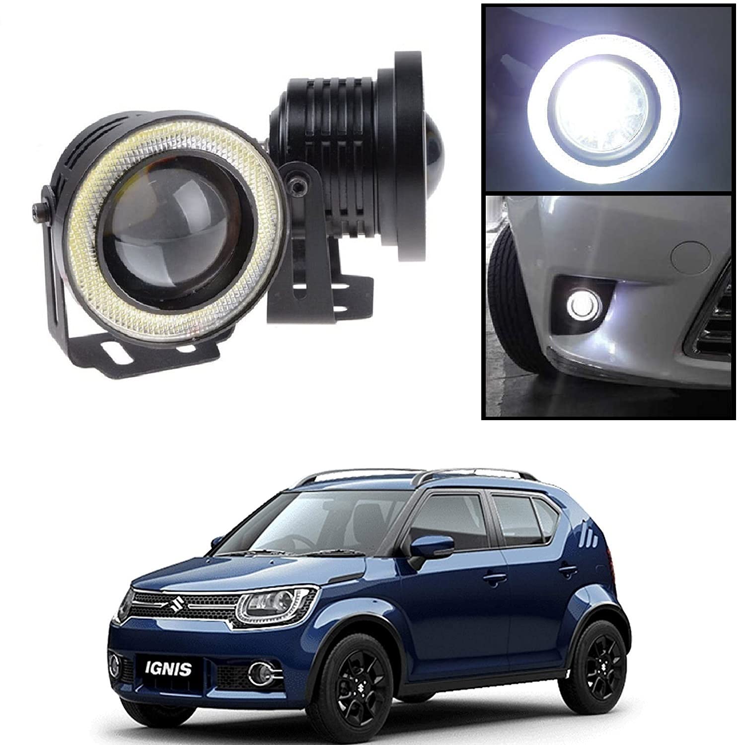 Olmeo 3.5inch Led Angel Eyes Fog Lamp 12V Car Angel Eyes Projector Lens Fog Light for Maruti Suzuki Ignis