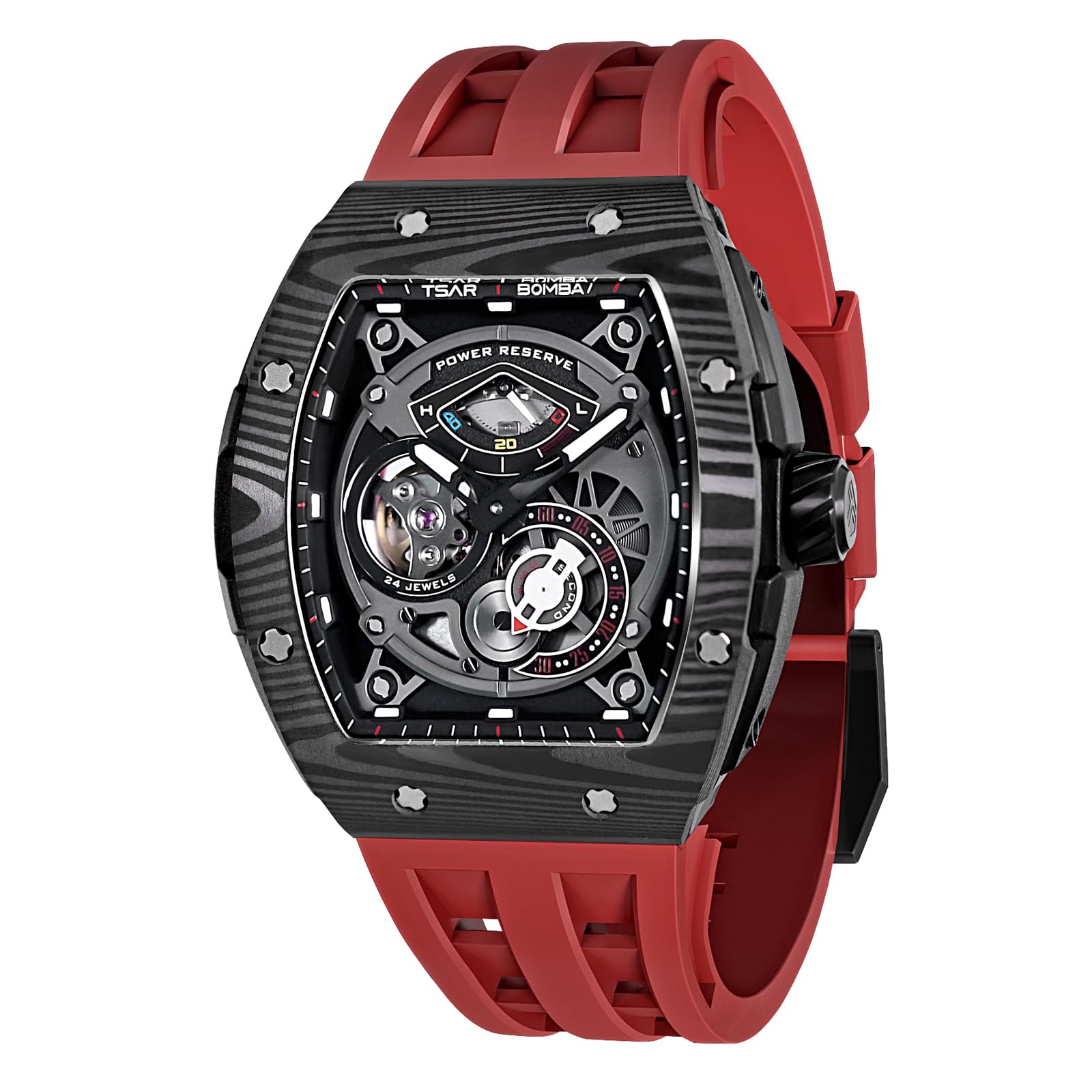 TSAR BOMBA Watchs for Men Automatic - Luxury Tonneau Watch - Energy Storage Indicator - Sapphire Glass - 50m Waterproof - Fluororubber Strap Carbon Fiber-Red