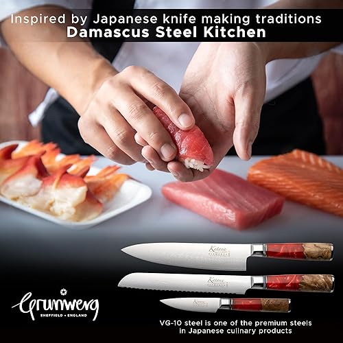 Miniatura 6 de Katana Elements - Juego de cuchillos de 3 piezas cuchillos de chefpanmaridaje, cuchillas de acero de damasco VG-10 premium, mango de madera de olivo