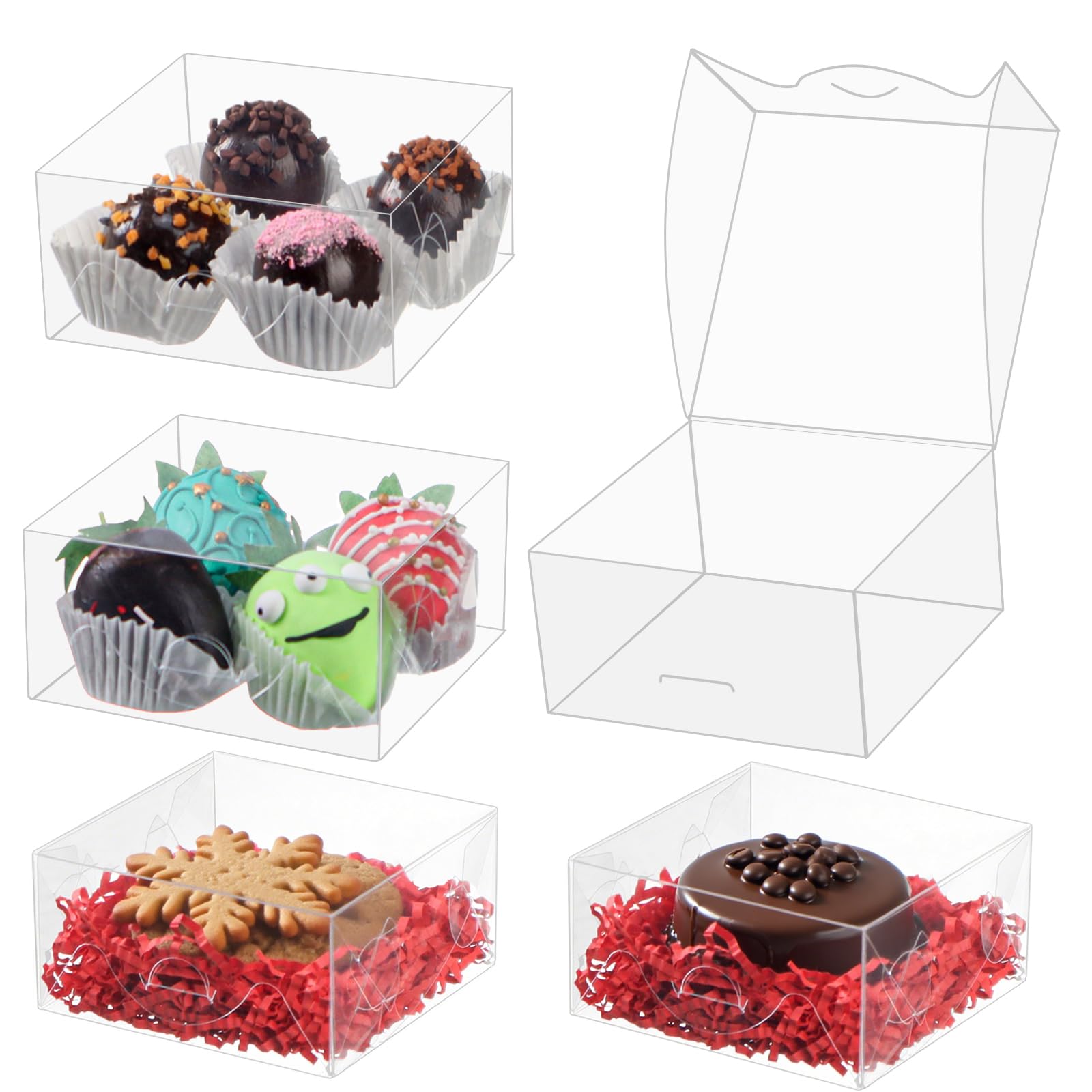 100 cajas de regalo transparentes de pastelería de 4 x 4 x 2 pulgadas, cajas de panadería, cajas de galletas, cajas de fresas cubiertas de chocolate, cajas de trufa, cajas de pastel de