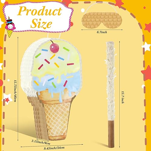 Miniatura 2 de Piñata de helado con forma de cono de helado con palo para niños, cumpleaños, verano, caramelo, tema de niñas, baby shower, playa, boda, fiesta,