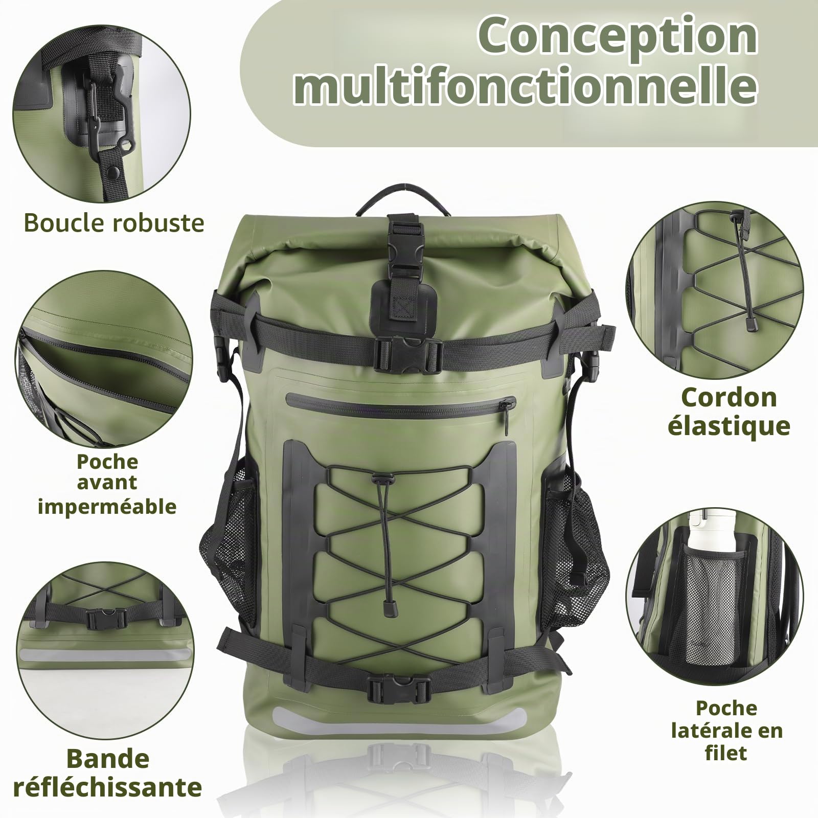 XREE Sac étanche vert militaire avec fermeture par enroulement pour les activités de plein air telles que les voyages, la randonnée, le kayak, le camping et les sports nautiques, vert, 40L, Sac