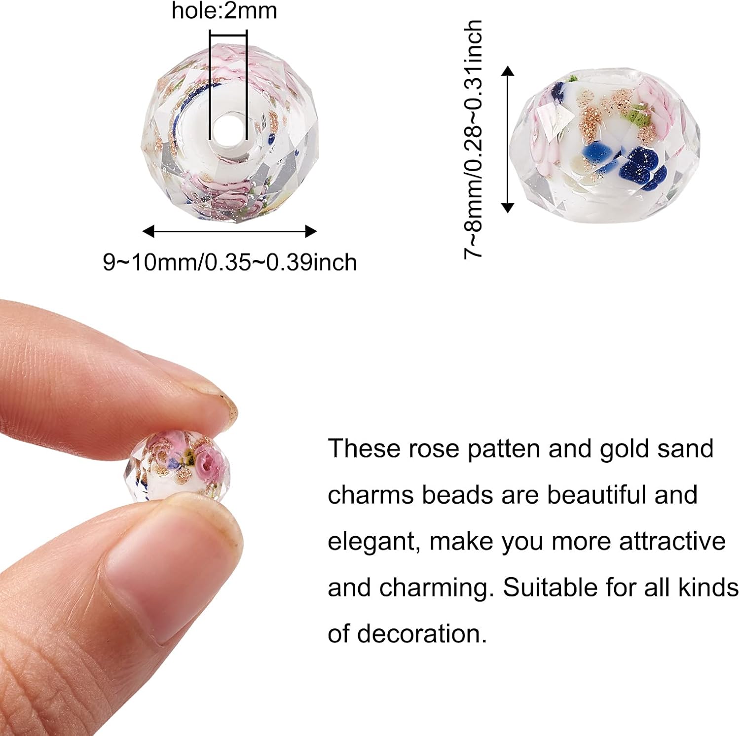 Pandahall 60Pcs White Rose Flower Lampwork Beads Millefiori Flower Glass Beads Crystal Flower Beads Gold Sand Lampwork Beads for Bracelet Necklace Craft Jewelry Making - Image 5