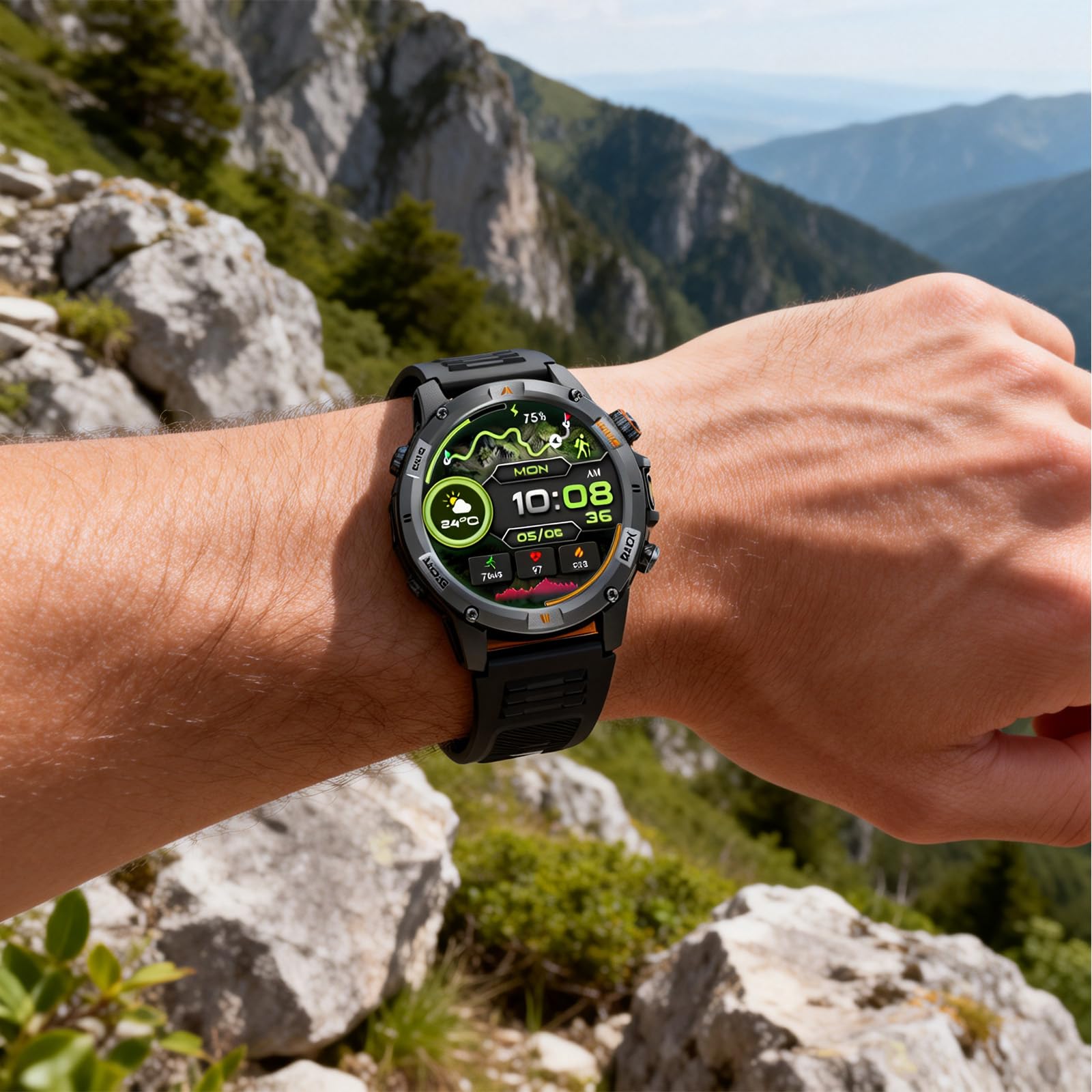 Smart Watch da uomo con batteria di 7 giorni e GPS integrato, orologio fitness rotondo da 1,44 pollici, cardiofrequenzimetro/SpO2/monitoraggio del sonno, impermeabile IP68, compatibile con