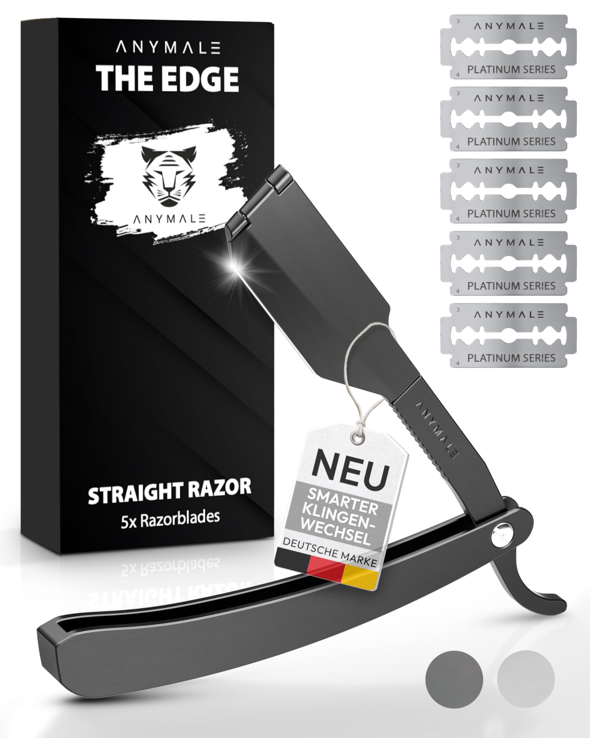 ANYMALE® Premium Rasiermesser mit Wechselklinge "The Edge" für Herren - Straight Razor Bart & Konturen inkl. 5 x Klinge - Edelstahl Barber & Friseur Nass-Rasierer Bartmesser Set
