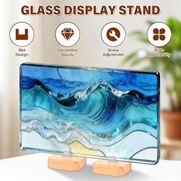 4 Pcs Wood Display Stand,Adjustable Glass Display Stands,Rustic Fused Glass Art Base,7cm Decorative Plate Stand Holder for Glasses Art Creations Stained Ceramic Tiles Plaques Collectibles(7 CM)
