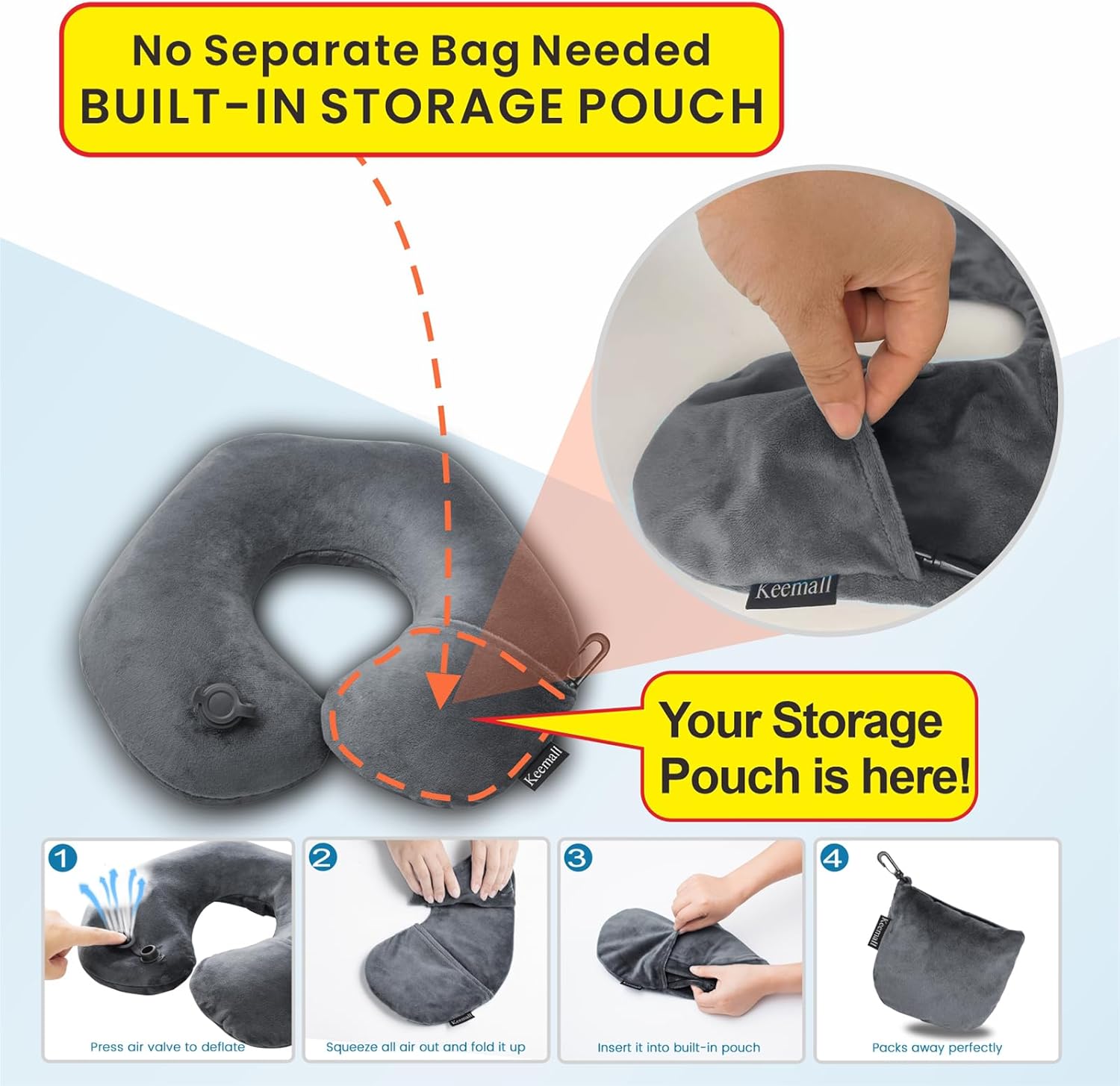 Inflatable Travel Neck Pillow, Super Soft Plane Neck Support Pillow for Travel Ariplane Sleep Support, Adjustable Neck Cushion Headrest Pillow, Folds Up Nicely, Black Grey - Image 2