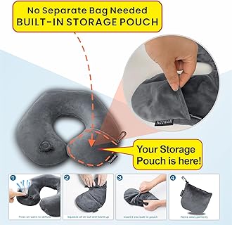 Keemall Inflatable Travel Neck Pillow, Super Soft Plane Neck Support Pillow for Travel Ariplane Sleep Support, Adjustable Neck Cushion Headrest Pillow, Folds Up Nicely, Black Grey