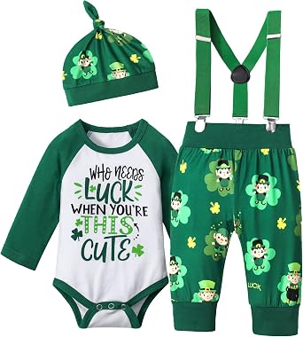 Queenstyle St Patricks Day Baby Boy Outfit Green Romper + Suspender Pants with Hat 3Pcs Clothes Set