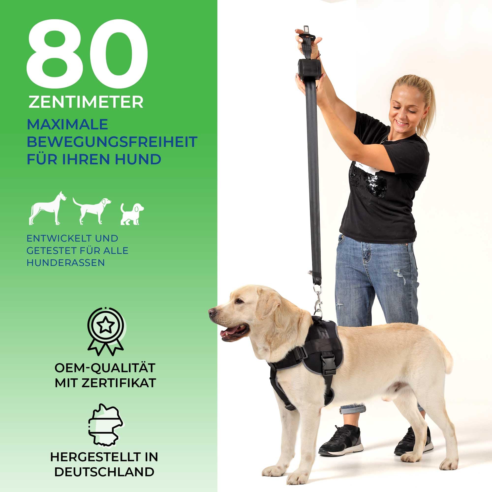 Automatik Sicherheitsgurt für Hunde im Auto - ausziehbar - aus Deutscher Produktion/Anschnallgurt Hund Auto für mittlere und große Hunde/Hundegurt mit drehbarem Edelstahl Karabiner