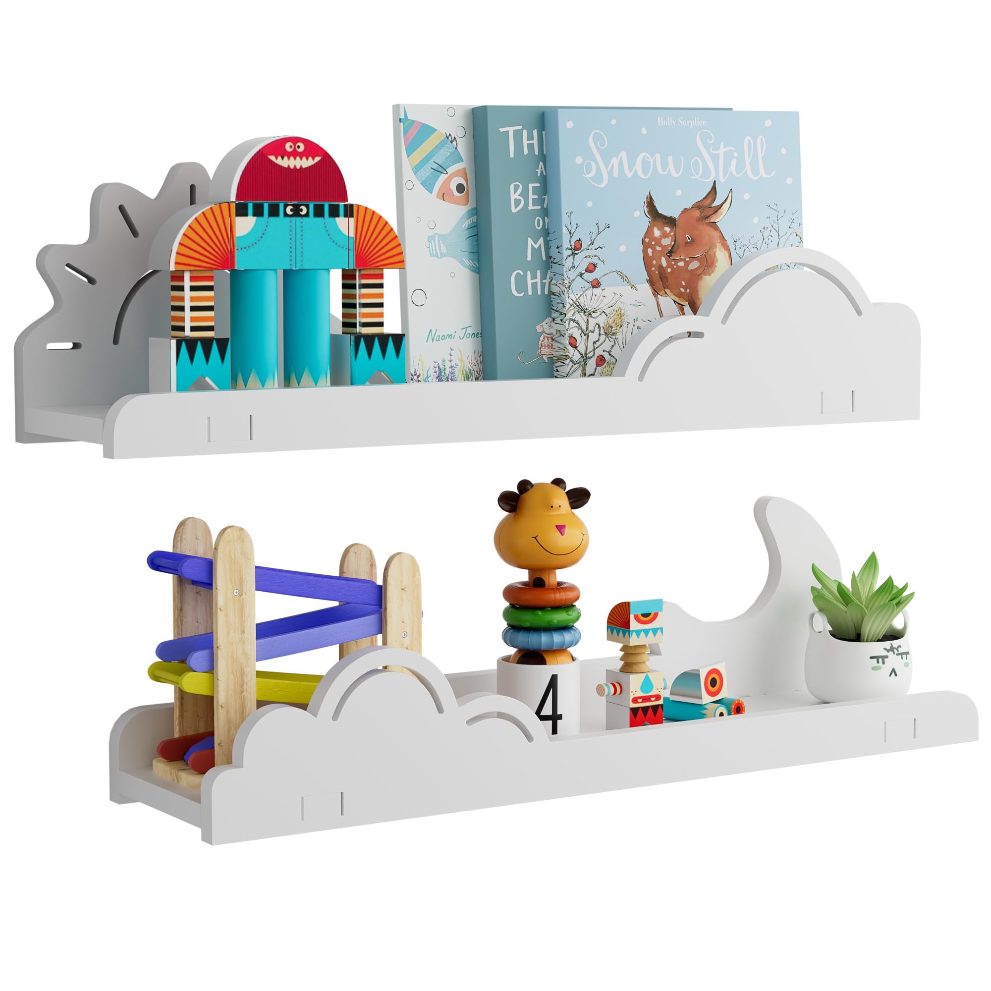 Cute Wall Shelves for Room Decor 2 Pack, White Sun&Moon Bookshelf 16’’L U-Shaped Floating Shelf Wall Mounted, Cute Decorative Cloud Shelves for Books,