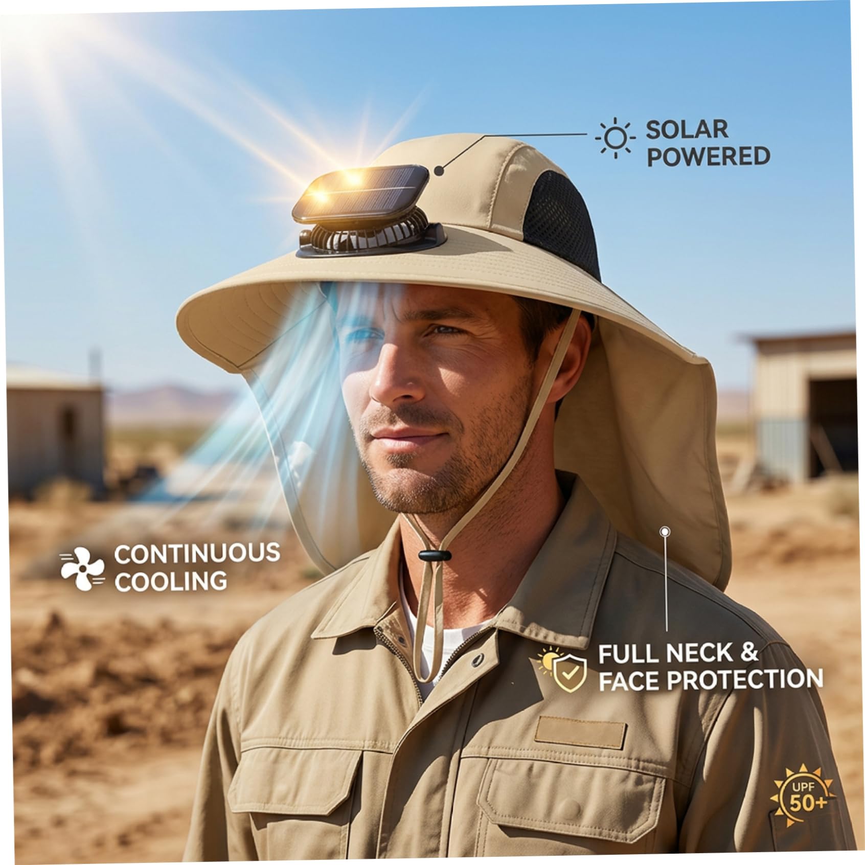 Chapeau avec Ventilateur, Chapeau de Ventilateur Solaire – Chapeaux à Large Bord pour Homme avec Cape Solaire à énergie et Rechargeable par USB pour la pêche, la randonnée, Le Jardinage