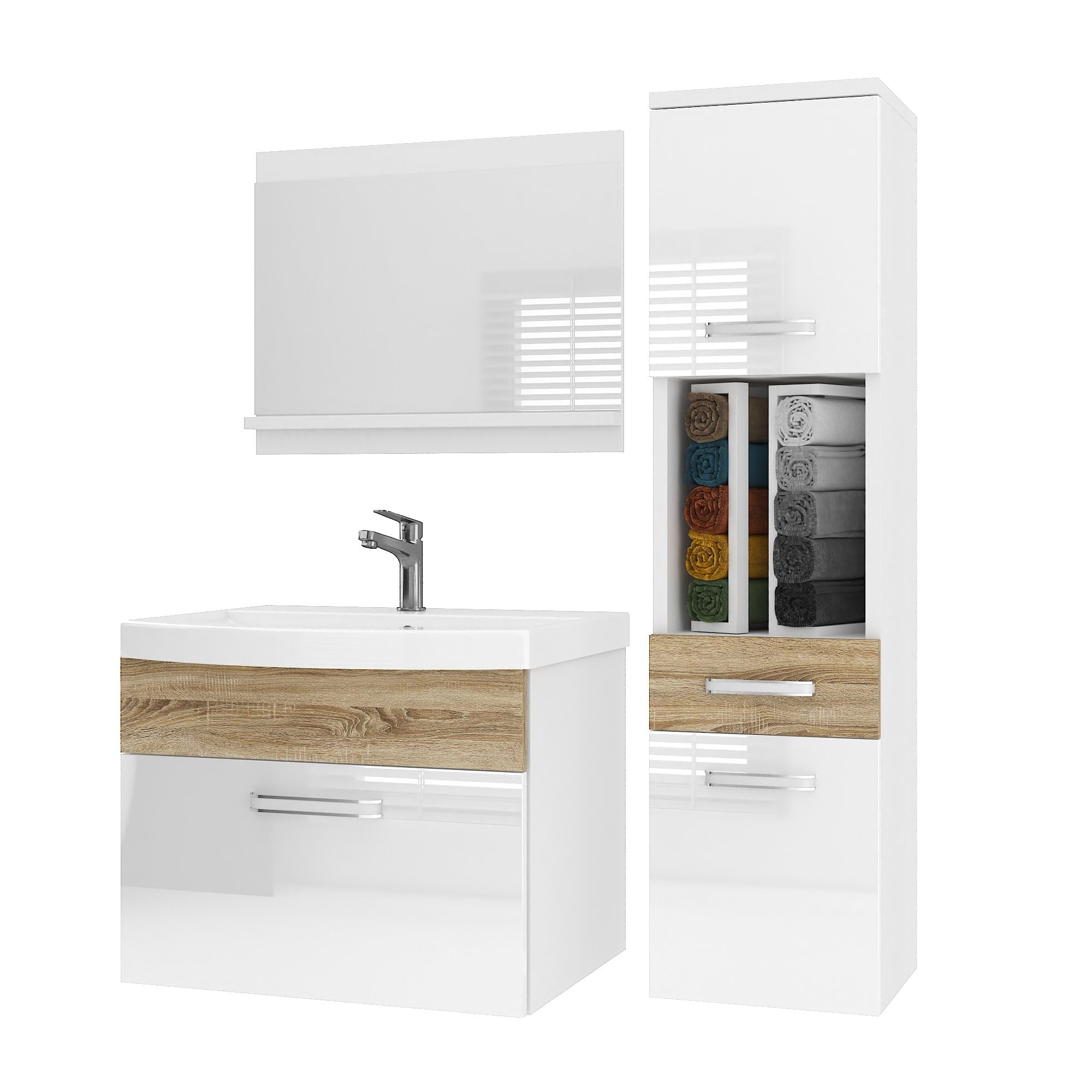 Belini PRIPM3 Szafka łazienkowa pod umywalkę 90 cm biało-dąb Sonoma | Meble łazienkowe Sonoma White-Dąb, montaż ścienny, mechanizm soft-close, panel drewniany FSC, umywalka i lustro w zestawie