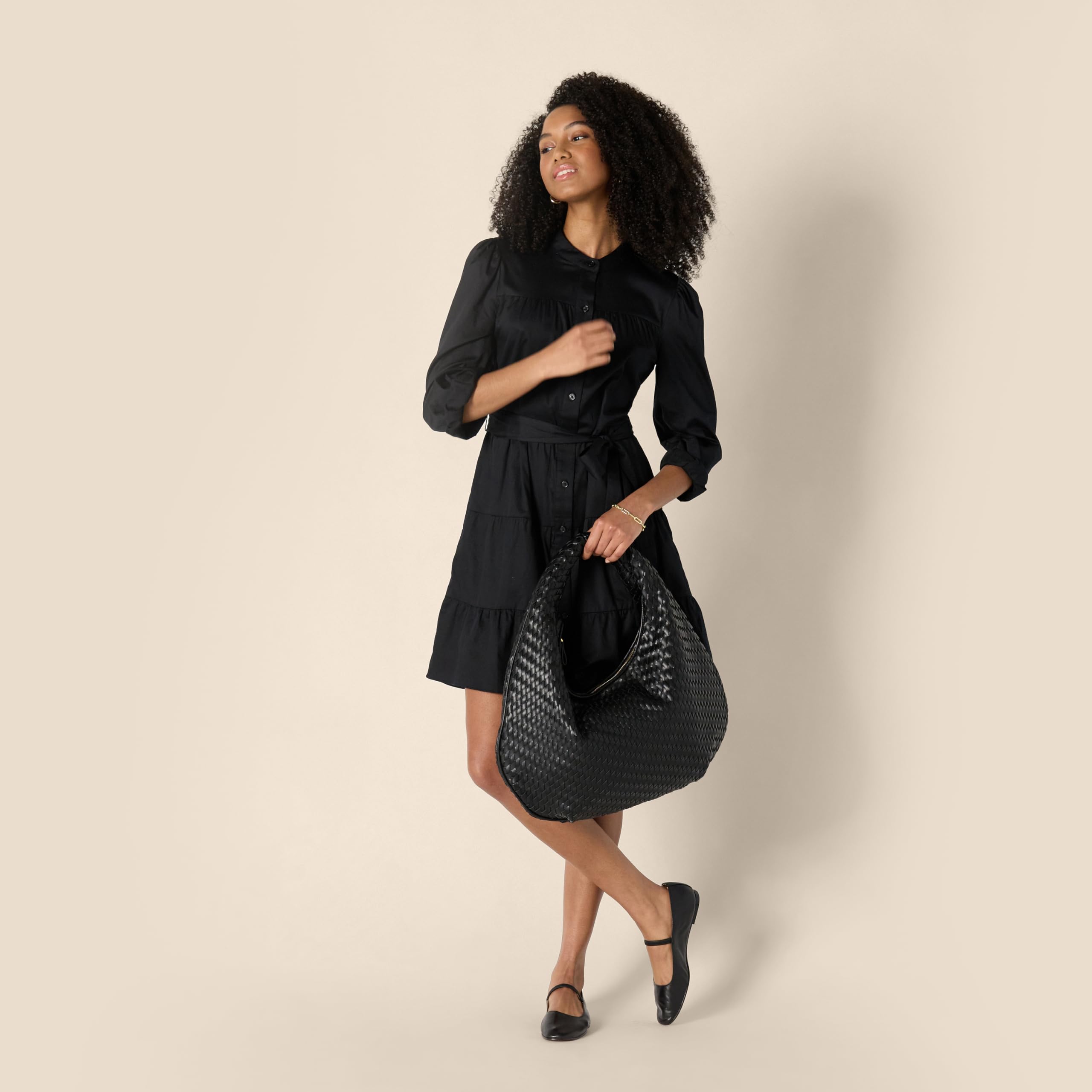 Amazon Essentials Mujer Vestido Camisero Escalonado de Satén de Algodón de Corte Recto