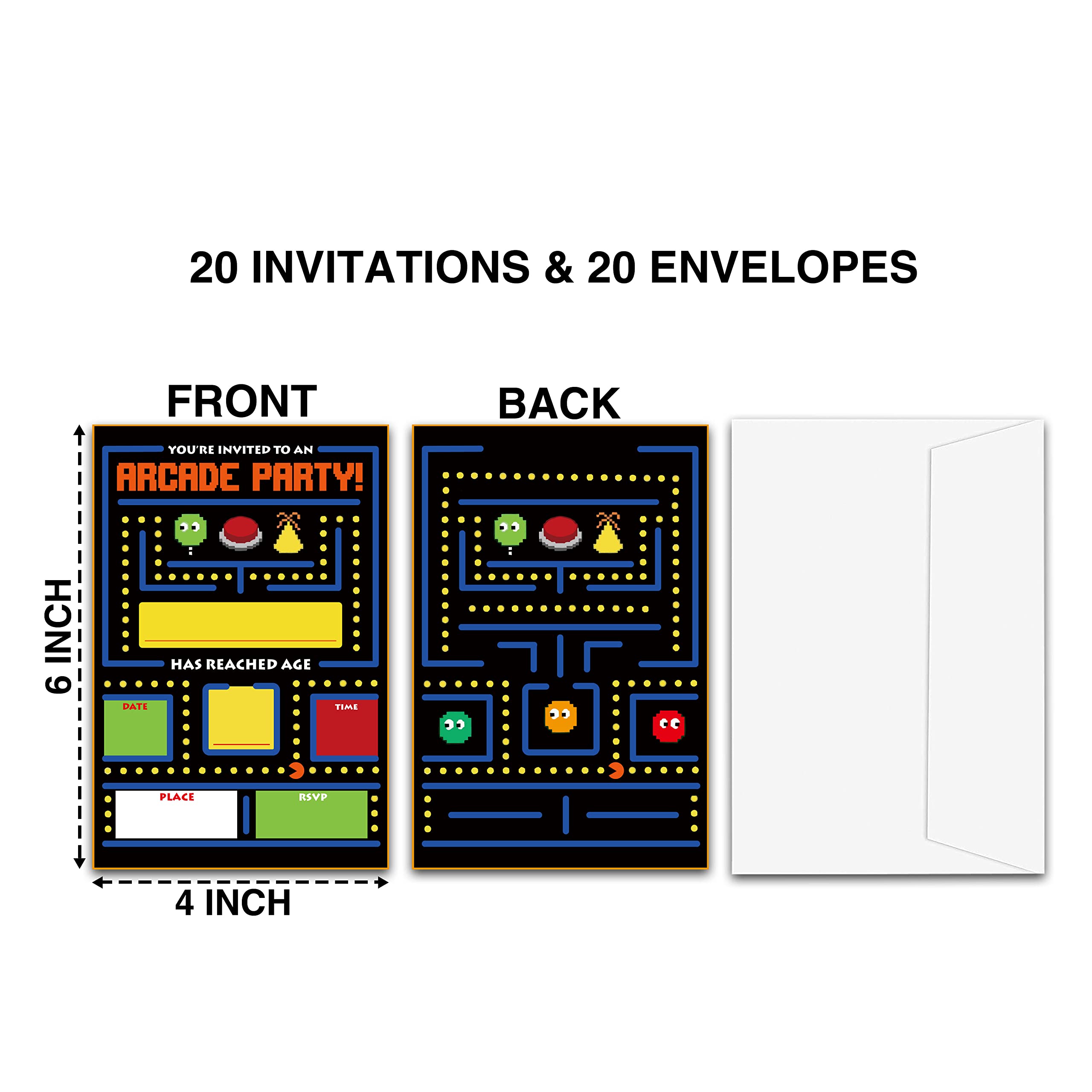 Invitaciones de cumpleaños de fiesta de arcade, invitación de videojuegos, invitaciones de fiesta de cumpleaños estilo relleno con sobres para niños y niñas (paquete de 20), decoraciones y