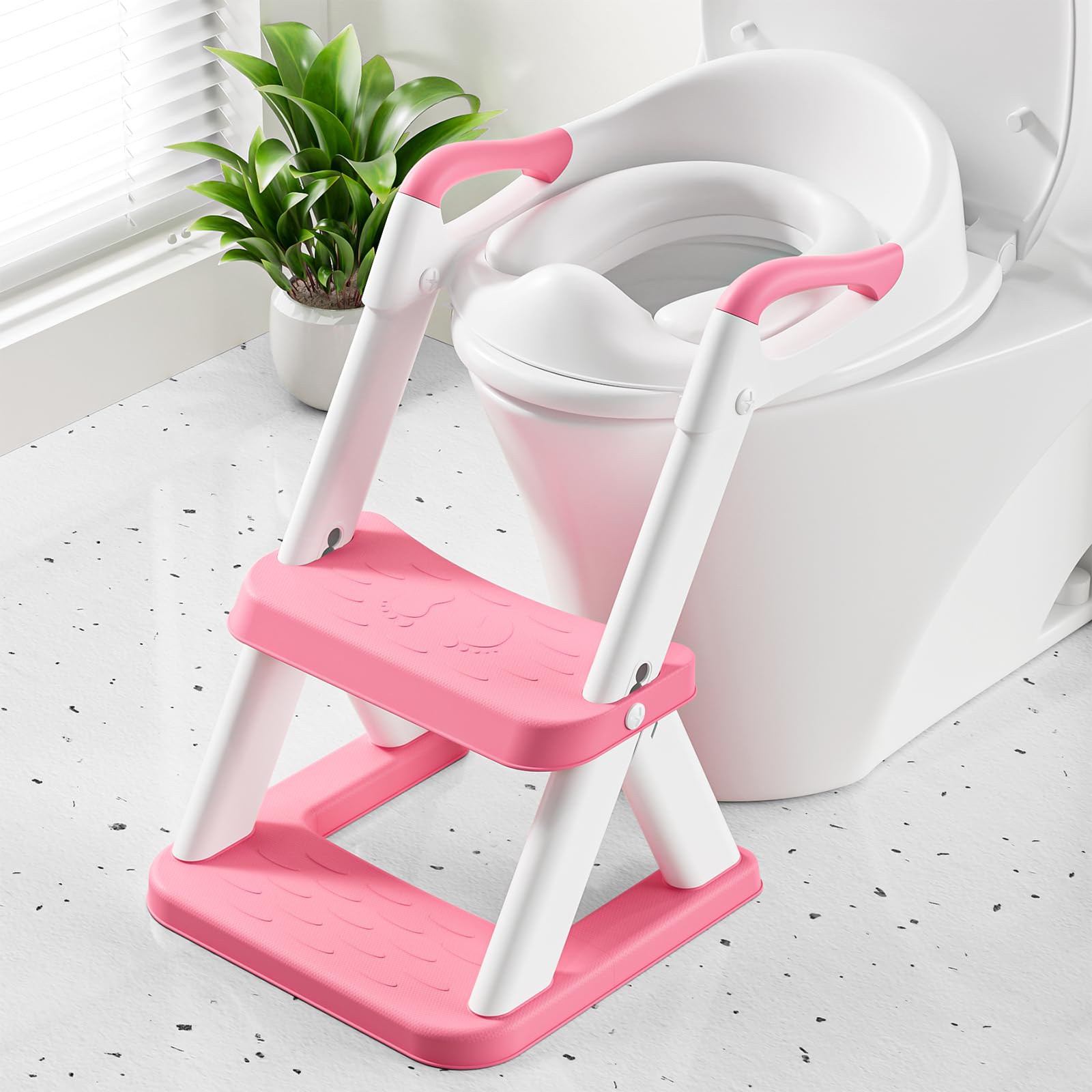 Rabb 1st Potty Training Toilet Seat with Steps, 2-in-1 Toddler Toilet Seat for Boys Girls with Splash Guard Soft Anti-Slip Pad,Bright Pink - 2