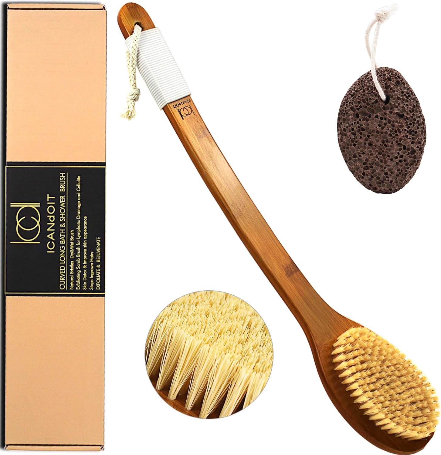 Cepillo de baño de cerdas de sisal rígidas naturales de 17.71 pulgadas, antideslizante, mango doblado para exfoliar, cepillo de espalda de ducha,