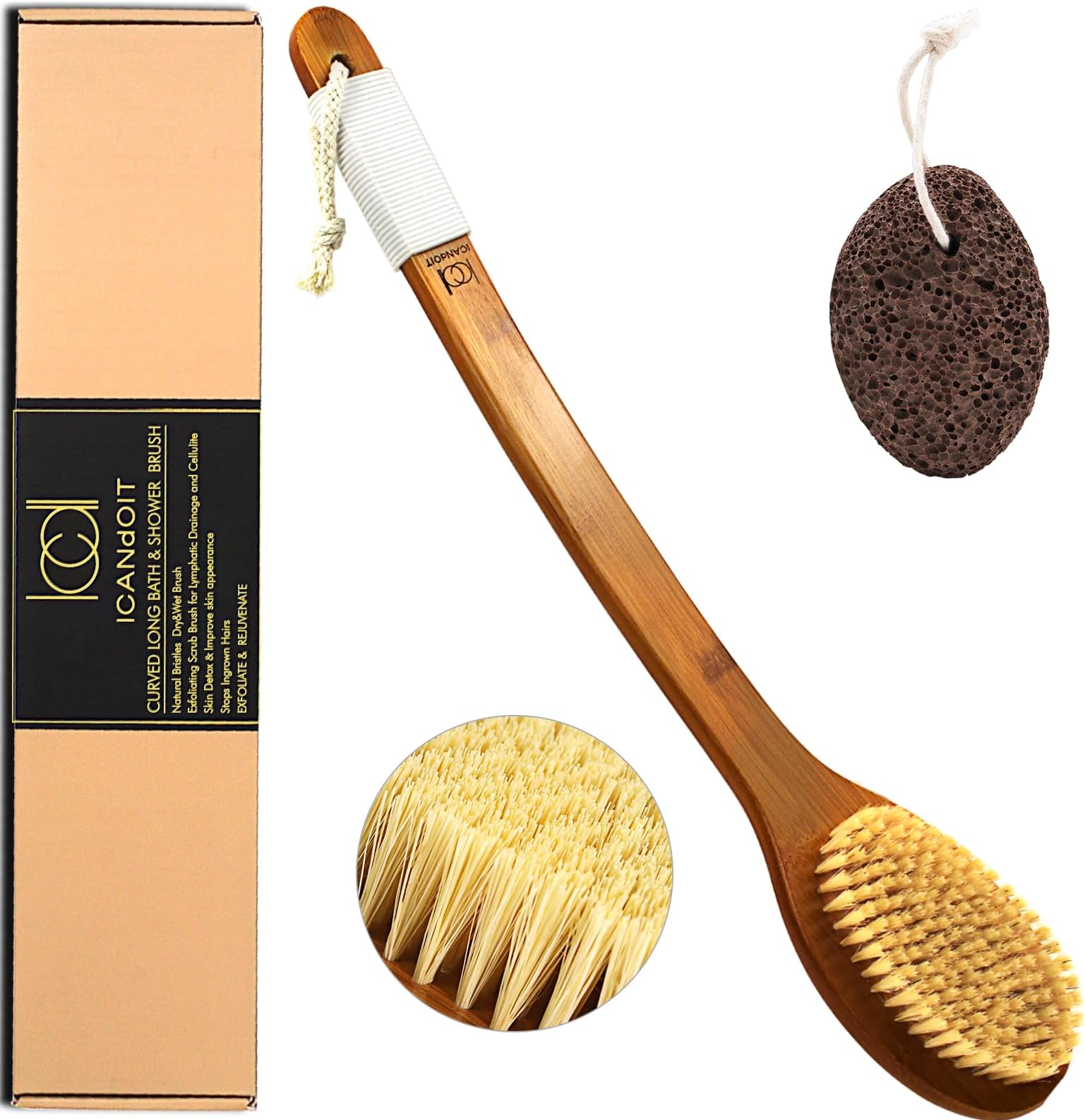 ICANdOIT-17.71Inch Natural Stiff Sisal Bristles Anti-Slip Long Handle Bath Brush,Bent Handle Shower Scrubber for Exfoliating,Shower Back Brush,Exfoliation Set with Pumice Stone(1 Pack)