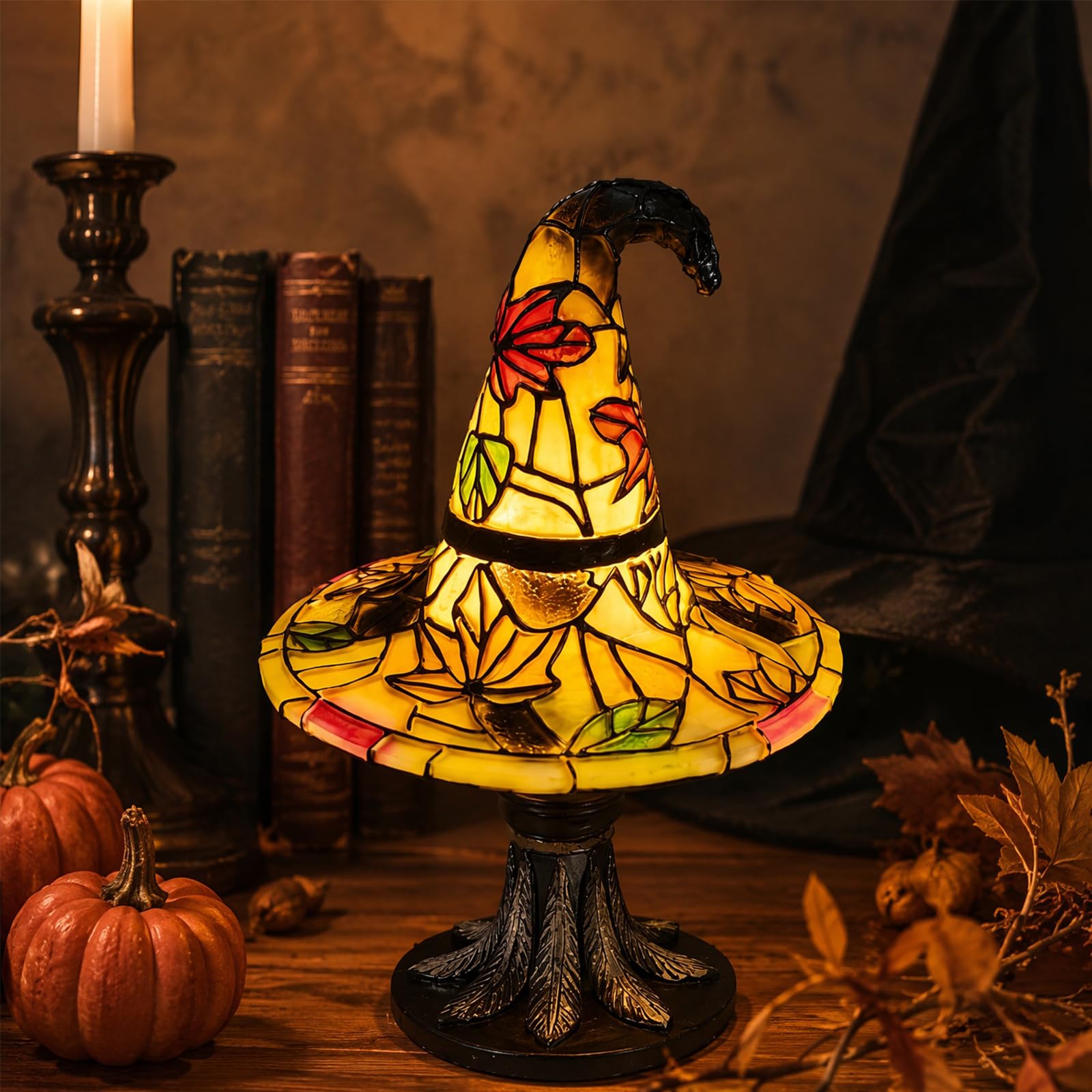 Stained Glass Witch Hat Light, Autumn Resin Table Lamp for Halloween