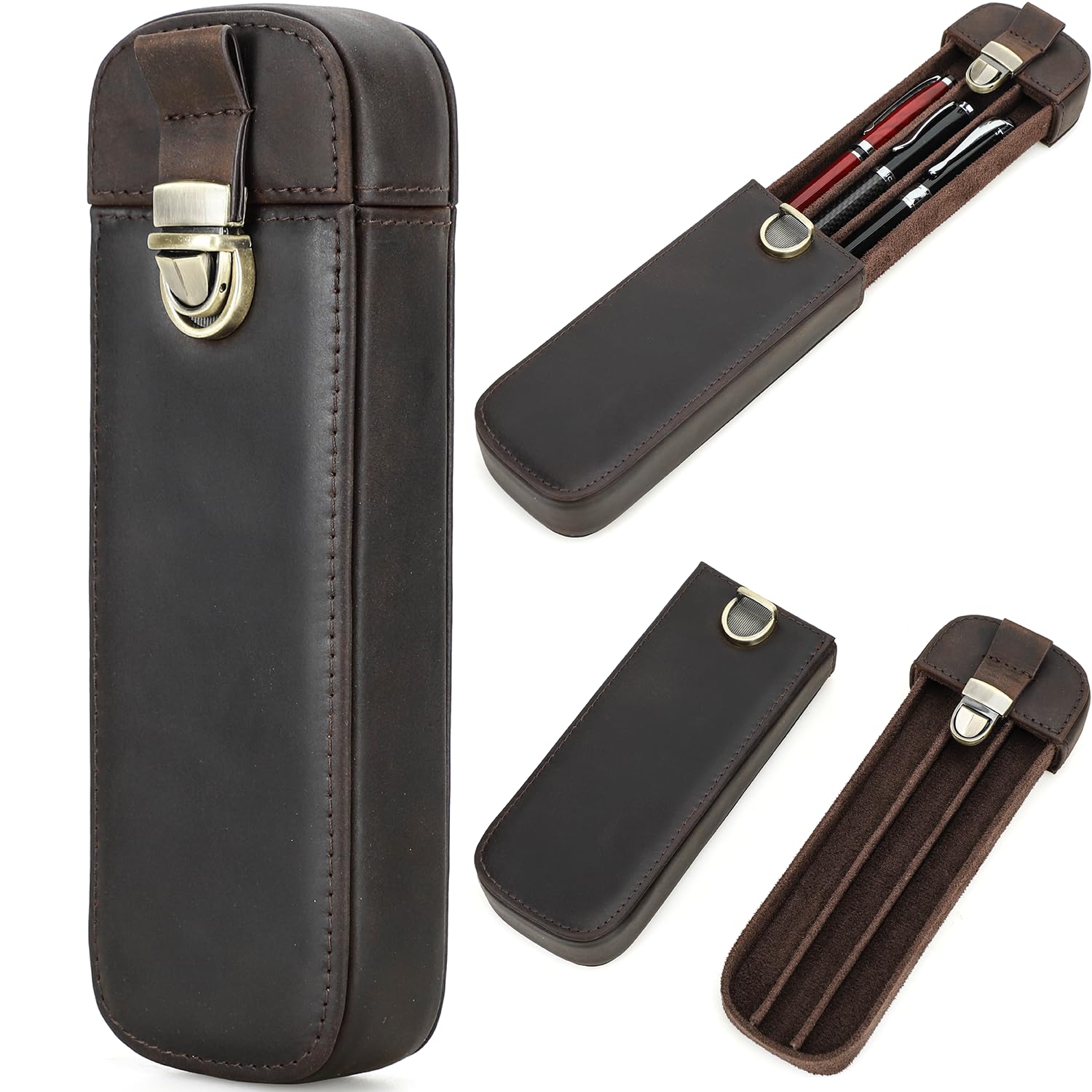 Top Grain Genuine Leather 3 Fountain Pen/Pencil Tray Case Holder, Handmade Minimalist Design, Brass Plug-in Lock with Drawer Design, Gift Choice for Man/Woman/Office, Matte Coffee, 3 Slots