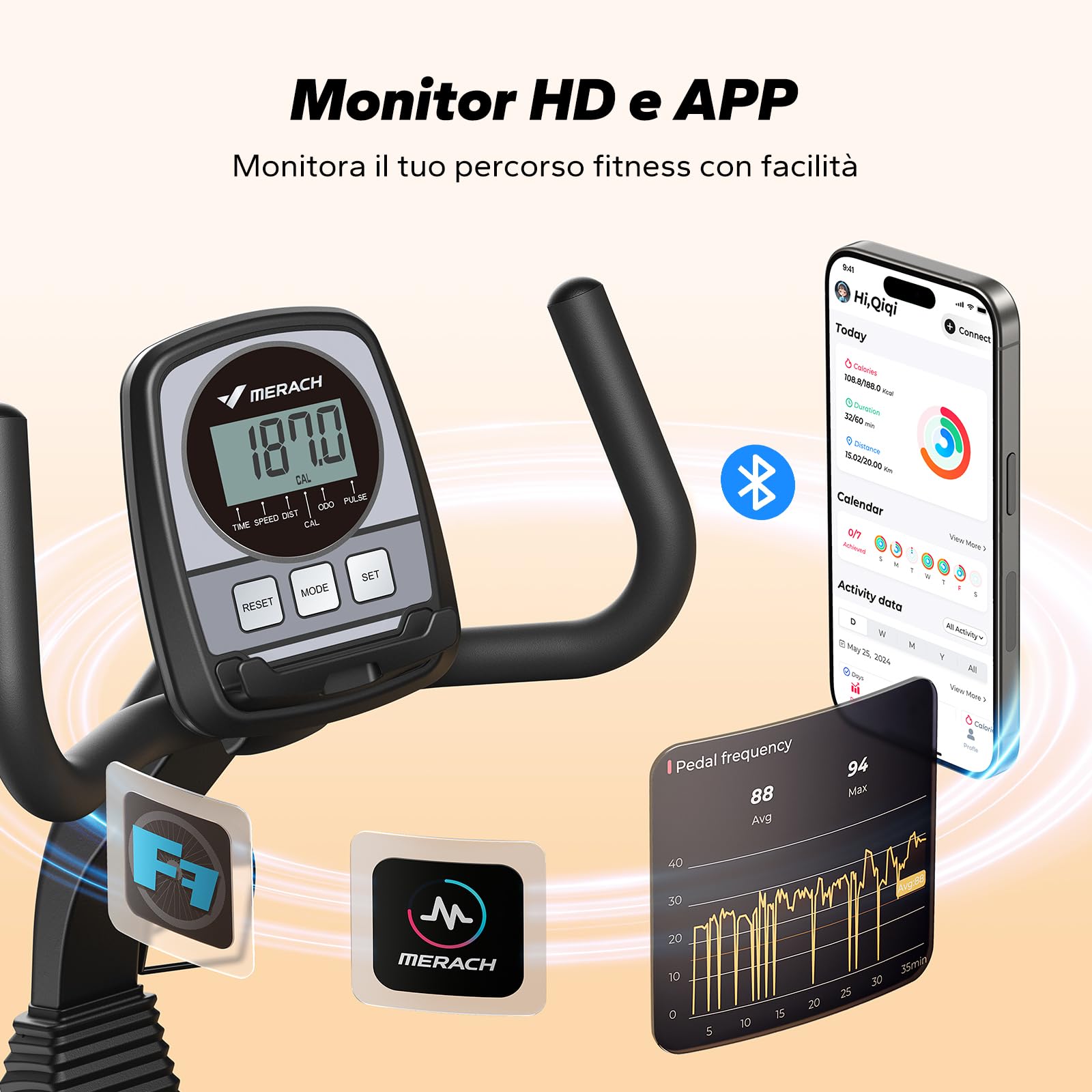 MERACH Cyclette da Seduta, Recumbent Bike con 8 Livelli di Resistenza Regolabili, Cyclette Leggera Tipo Commerciale, Cyclette per Anziani con Esclusiva App, Display LCD, Sensori di Frequenza Cardiaca
