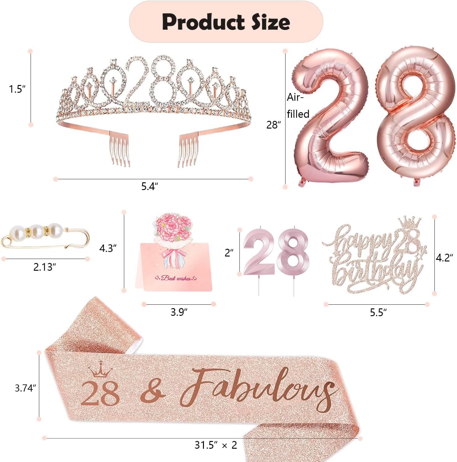 28th Birthday Decorations for Her Women, Including 28 year old Birthday Cake Topper, Queen Sash with Pearl Pin, Sweet Rhinestone Tiara Crown, Number Candles and Balloons Set, Rose Gold - Image 2