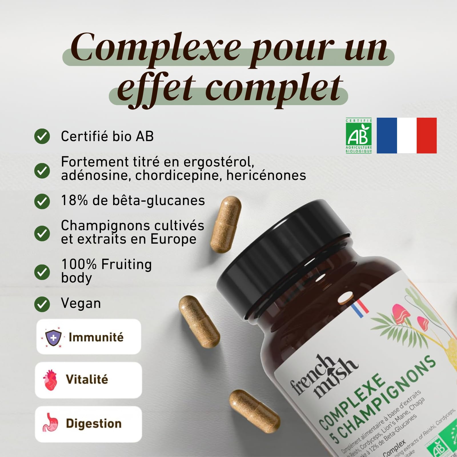 French Mush - Complexe 5 Champignons Bio - 56 Gélules - Shiitake, Lion's Mane, Reishi, Cordyceps, Chaga - Digestion, Bien-Être Intérieur - 2 Gélules/Jour - Testé en Laboratoire - Fabriqué en France