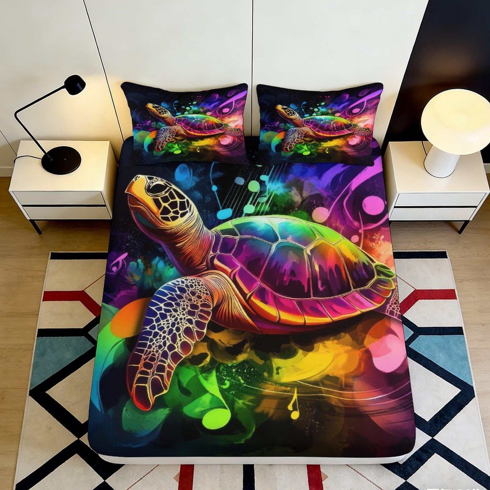 3D Printed Colorful Sea Turtle Fitted Sheet Microfiber Soft Mattress Cover for Bedroom Dorm Artistic Decor 90x200x25cm